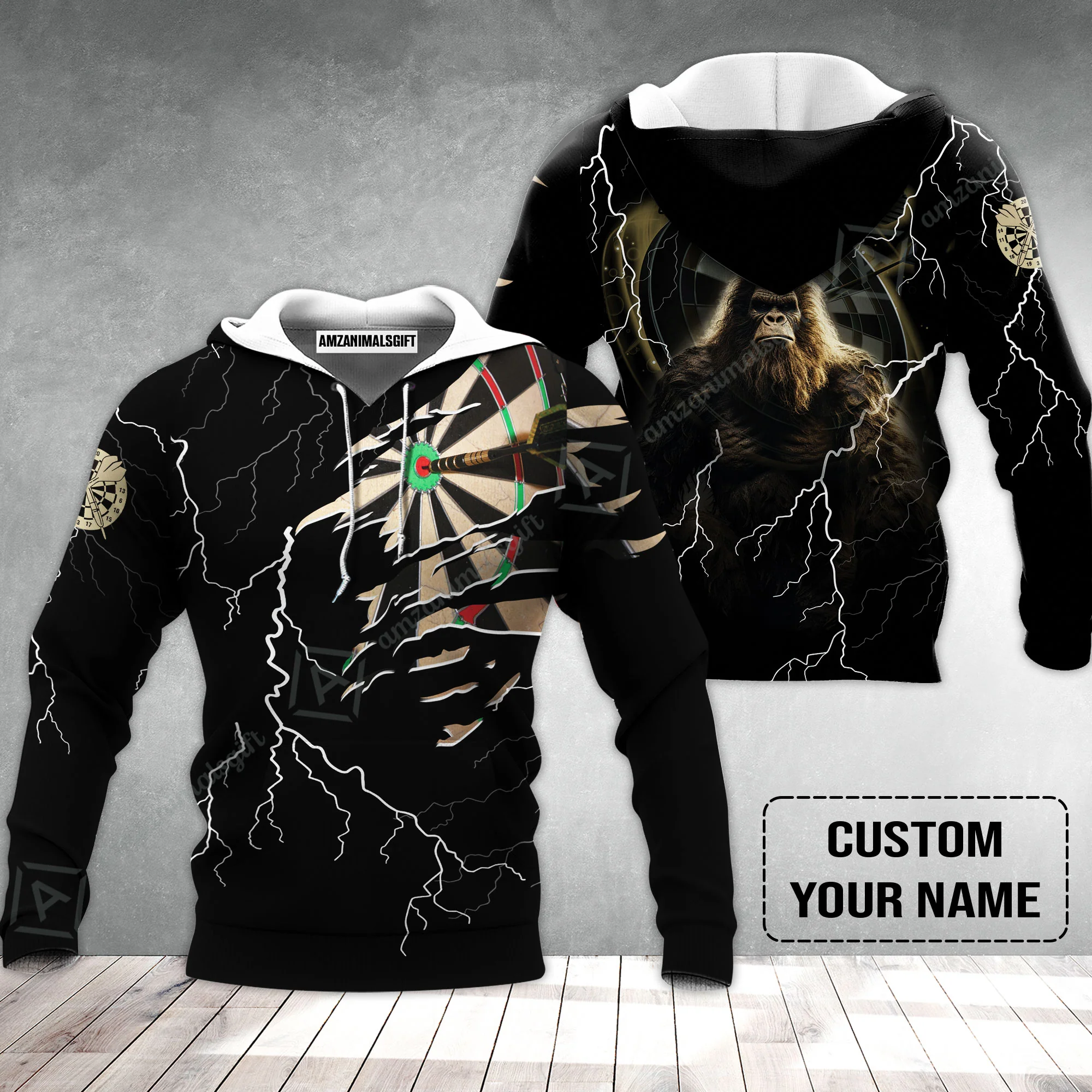 Customized Name Darts Hoodie, Bullseye Dartboard Personalized Bigfoot And Darts Hoodie - Image 2
