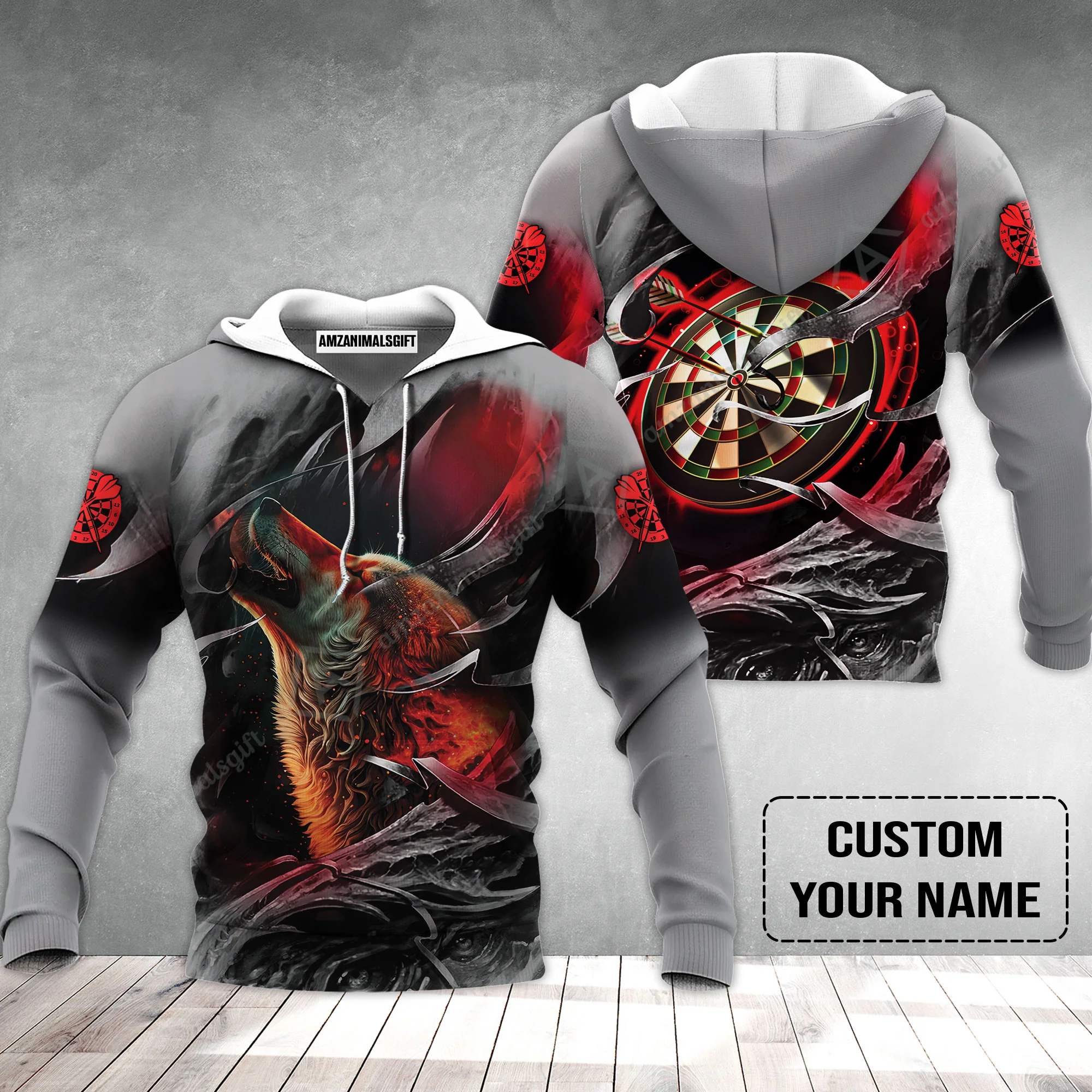 Customized Name Darts Hoodie, Bullseye Dartboard Personalized Flame Wolf And Darts Hoodie - Image 2