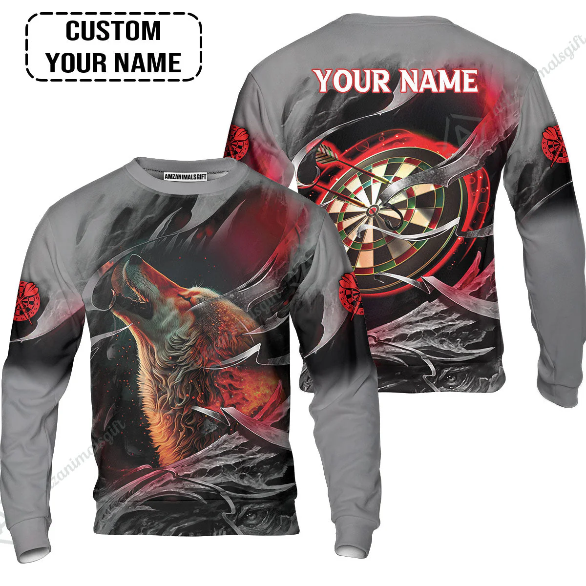 Customized Name Darts Hoodie, Bullseye Dartboard Personalized Flame Wolf And Darts Hoodie - Image 6