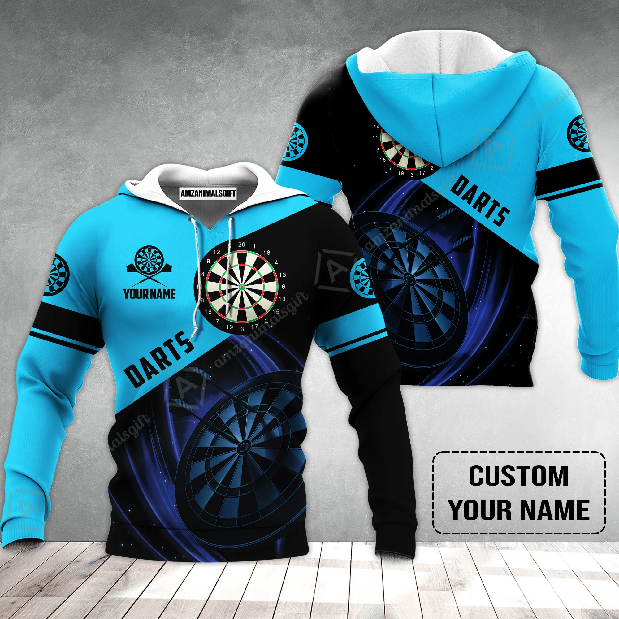 Customized Name Darts Hoodie, Dartboard Personalized Name Blue Darts Team Hoodie - Image 2