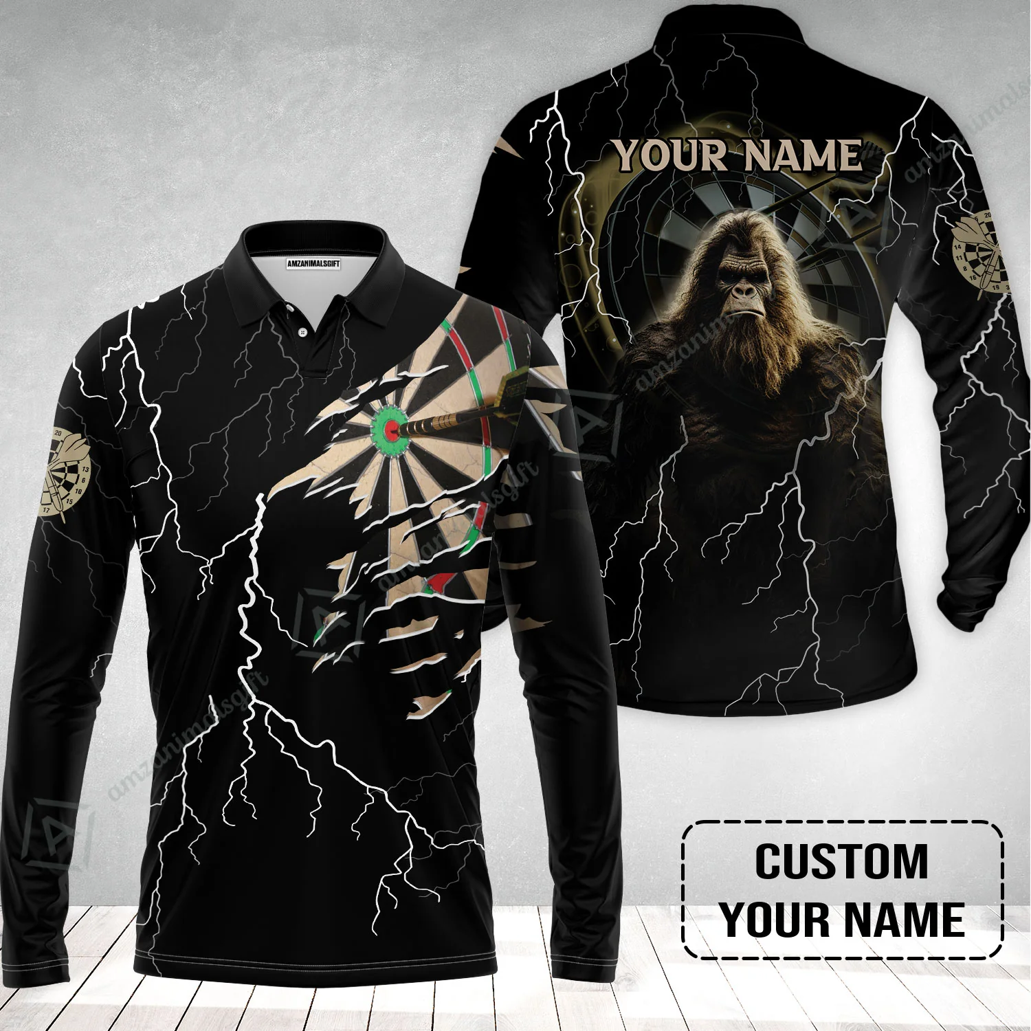 Customized Name Darts Long Polo Shirt, Bullseye Dartboard Personalized Bigfoot And Darts Long Polo Shirt - Image 2