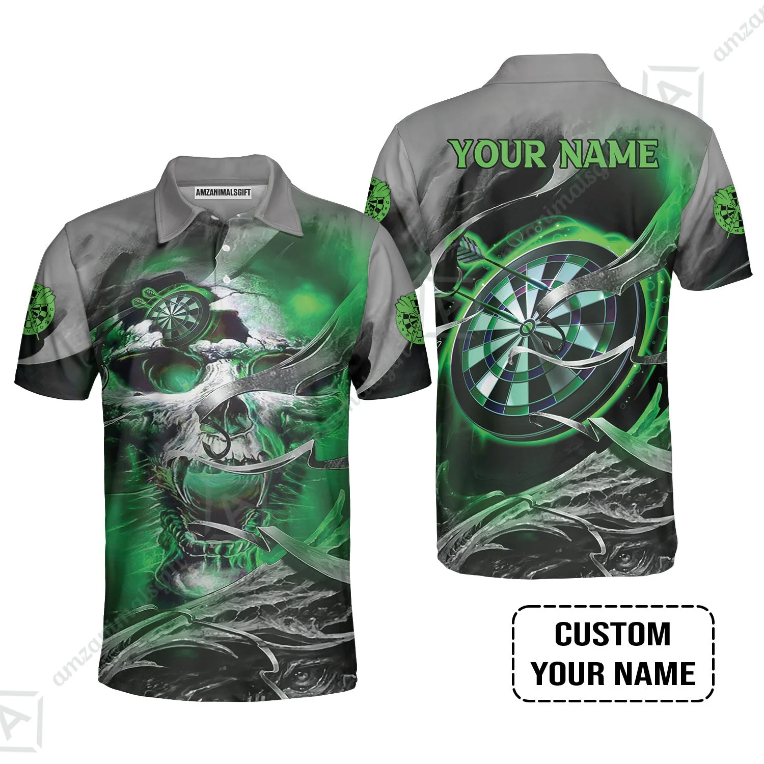 Customized Name Darts Long Polo Shirt, Green Skull Light Dartboard Personalized Long Polo Shirt - Image 3