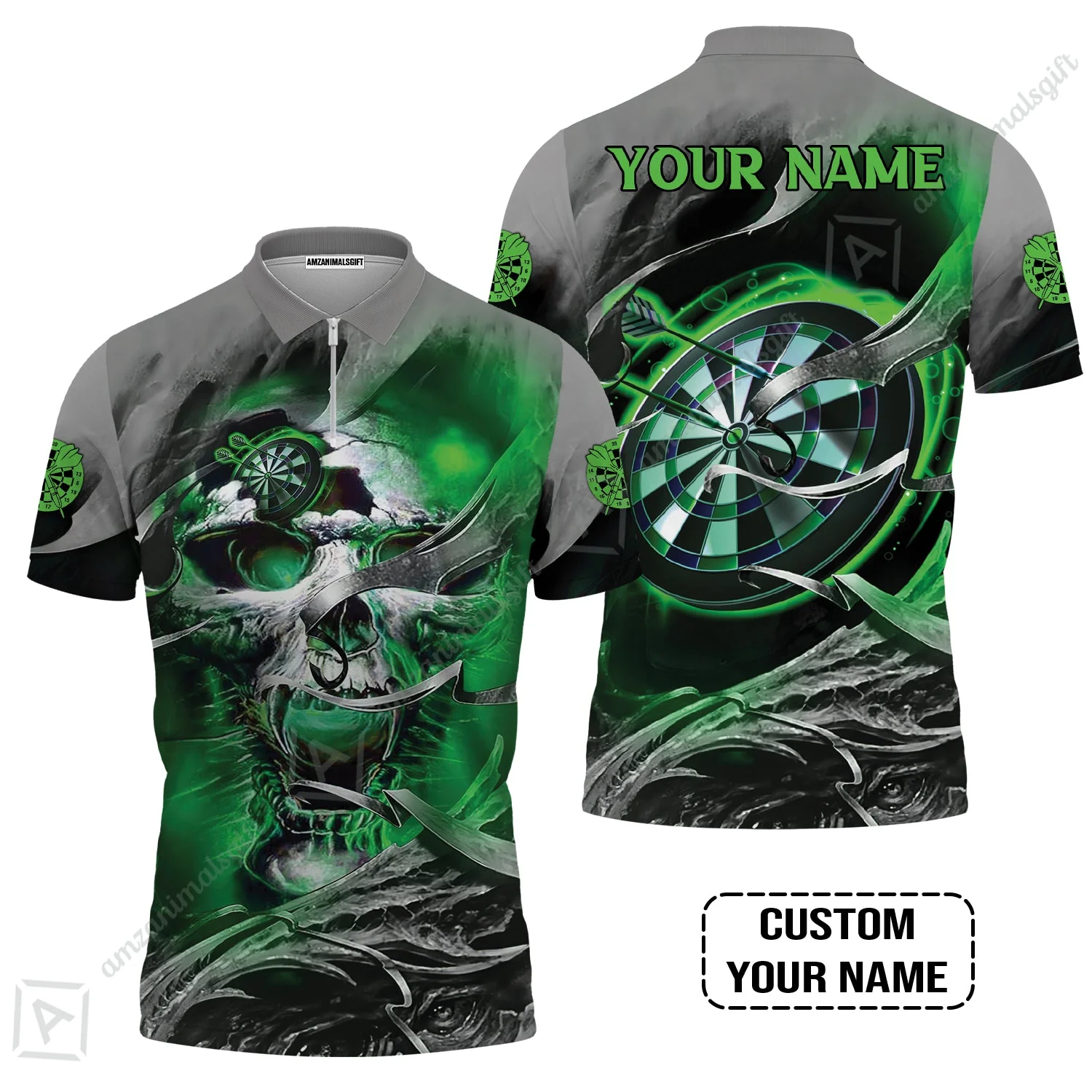 Customized Name Darts Long Polo Shirt, Green Skull Light Dartboard Personalized Long Polo Shirt - Image 4