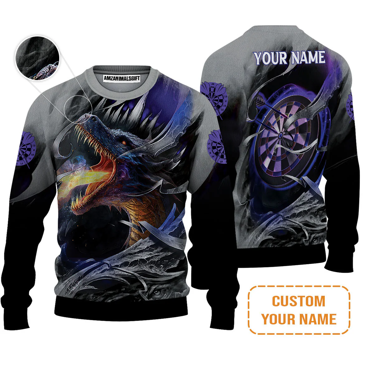 Customized Name Darts Men's Long Sleeve Polo Shirt, Bullseye Dartboard Personalized Flame Dragon And Darts Long Sleeve Polo Shirt - Image 4