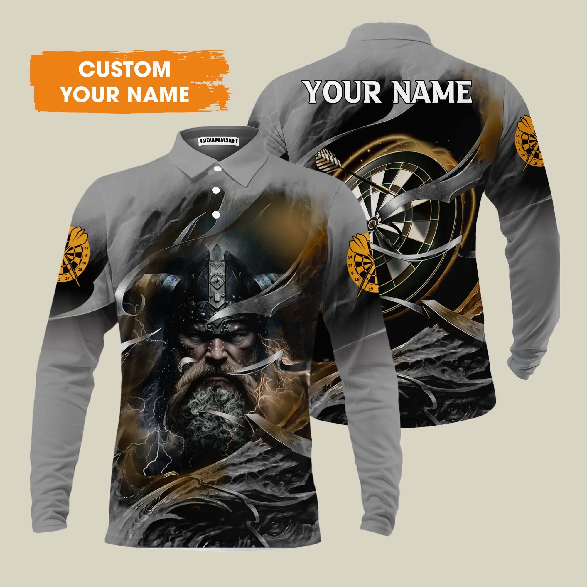Customized Name Darts Men's Long Sleeve Polo Shirt, Bullseye Dartboard Viking And Darts Long Sleeve Polo Shirt - Gift For Darts Players, Darts Lovers - Image 2