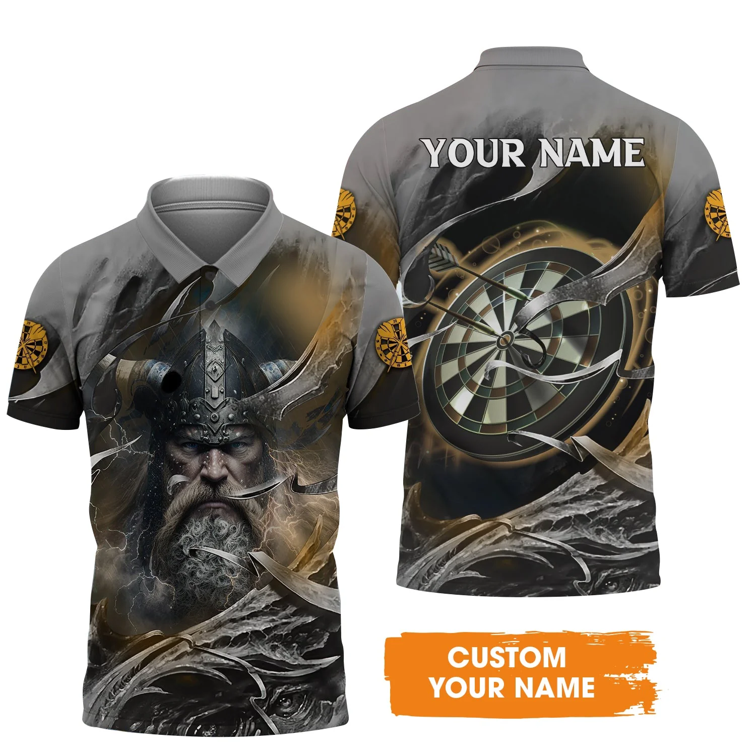 Customized Name Darts Men's Long Sleeve Polo Shirt, Bullseye Dartboard Viking And Darts Long Sleeve Polo Shirt - Gift For Darts Players, Darts Lovers - Image 3