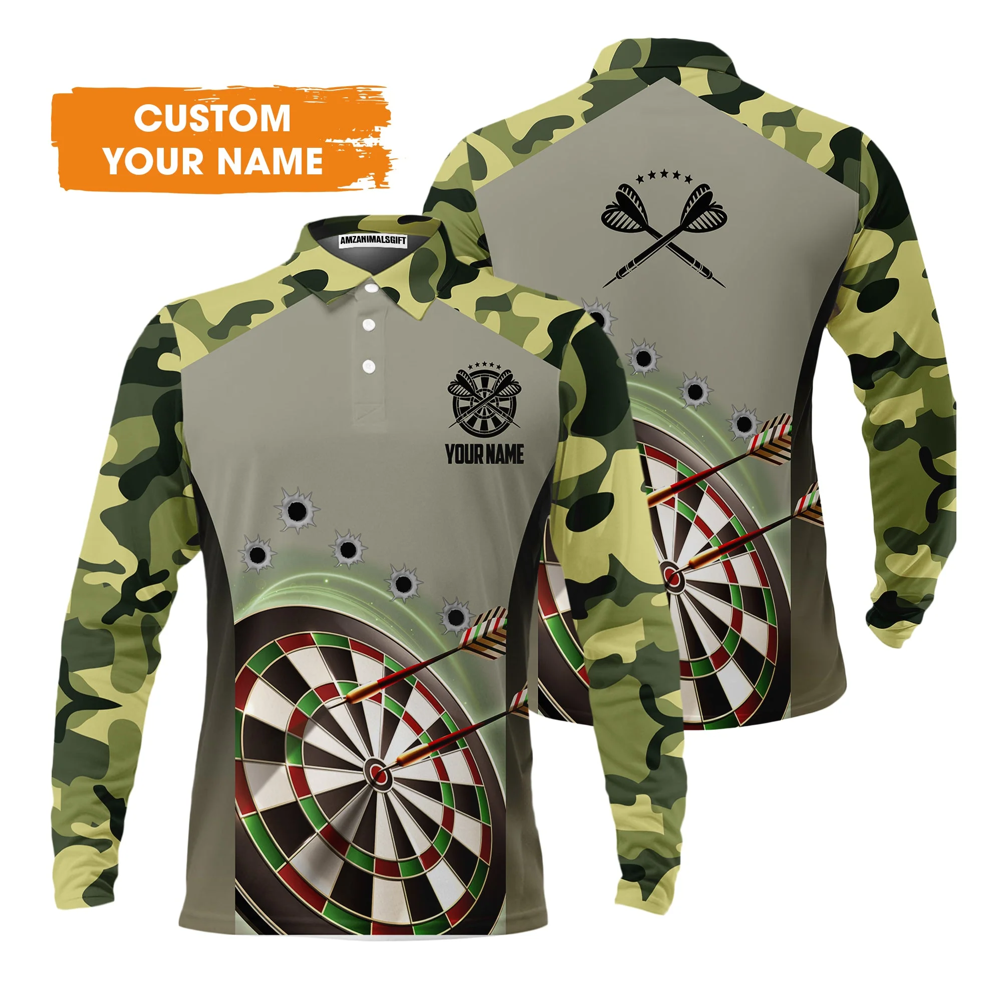 Customized Name Darts Men's Long Sleeve Polo Shirt, Camo Pattern Personalized Darts Men's Long Sleeve Polo Shirt - Perfect Gift For Darts Lovers