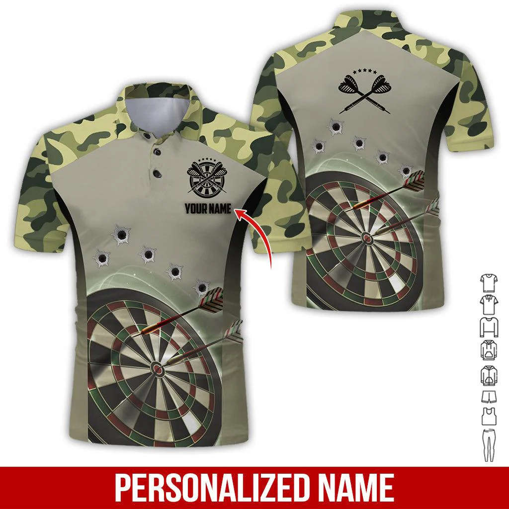 Customized Name Darts Men's Long Sleeve Polo Shirt, Camo Pattern Personalized Darts Men's Long Sleeve Polo Shirt - Perfect Gift For Darts Lovers - Image 3