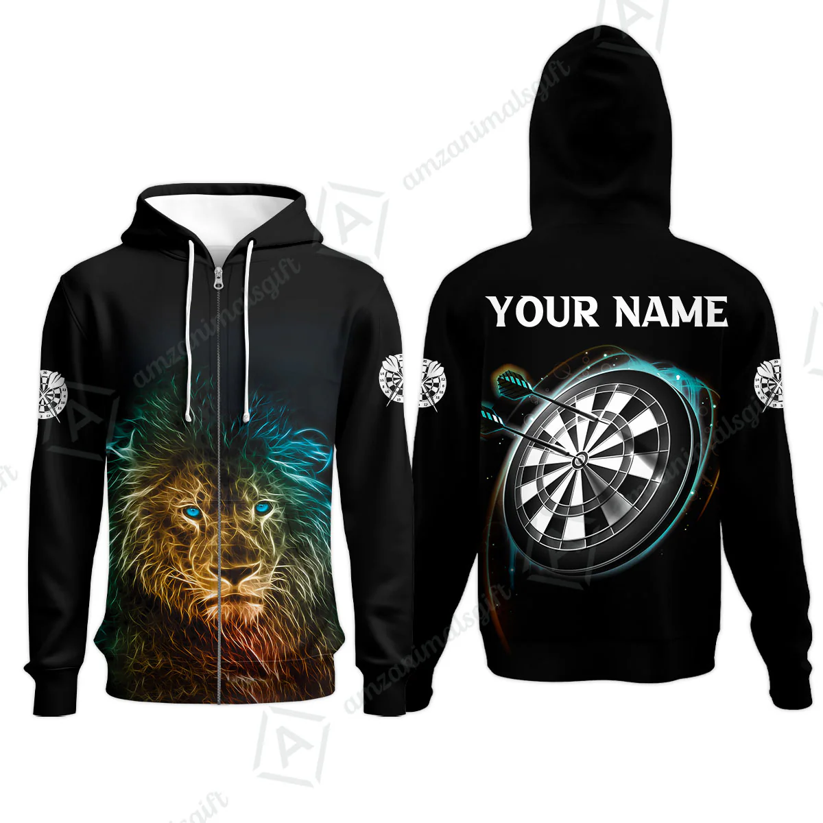 Customized Name Darts Polo Shirt, Blue Bullseye Dartboard Personalized Lion And Darts Polo Shirt - Image 11
