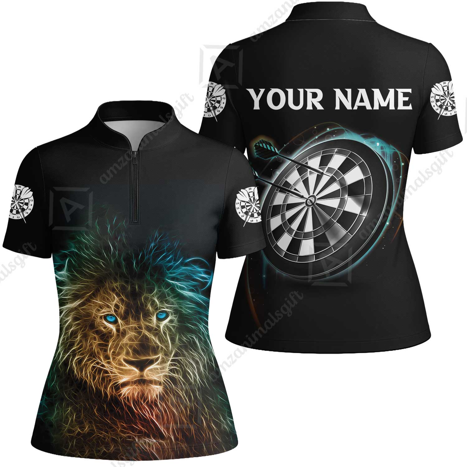 Customized Name Darts Polo Shirt, Blue Bullseye Dartboard Personalized Lion And Darts Polo Shirt - Image 12