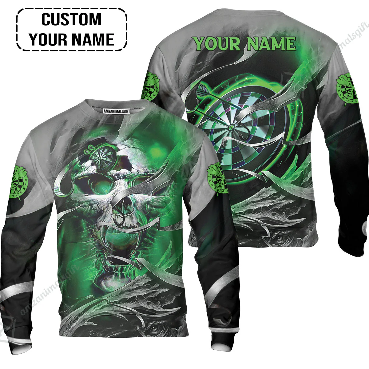 Customized Name Darts Polo Shirt, Green Skull Light Dartboard Personalized Polo Shirt - Image 6