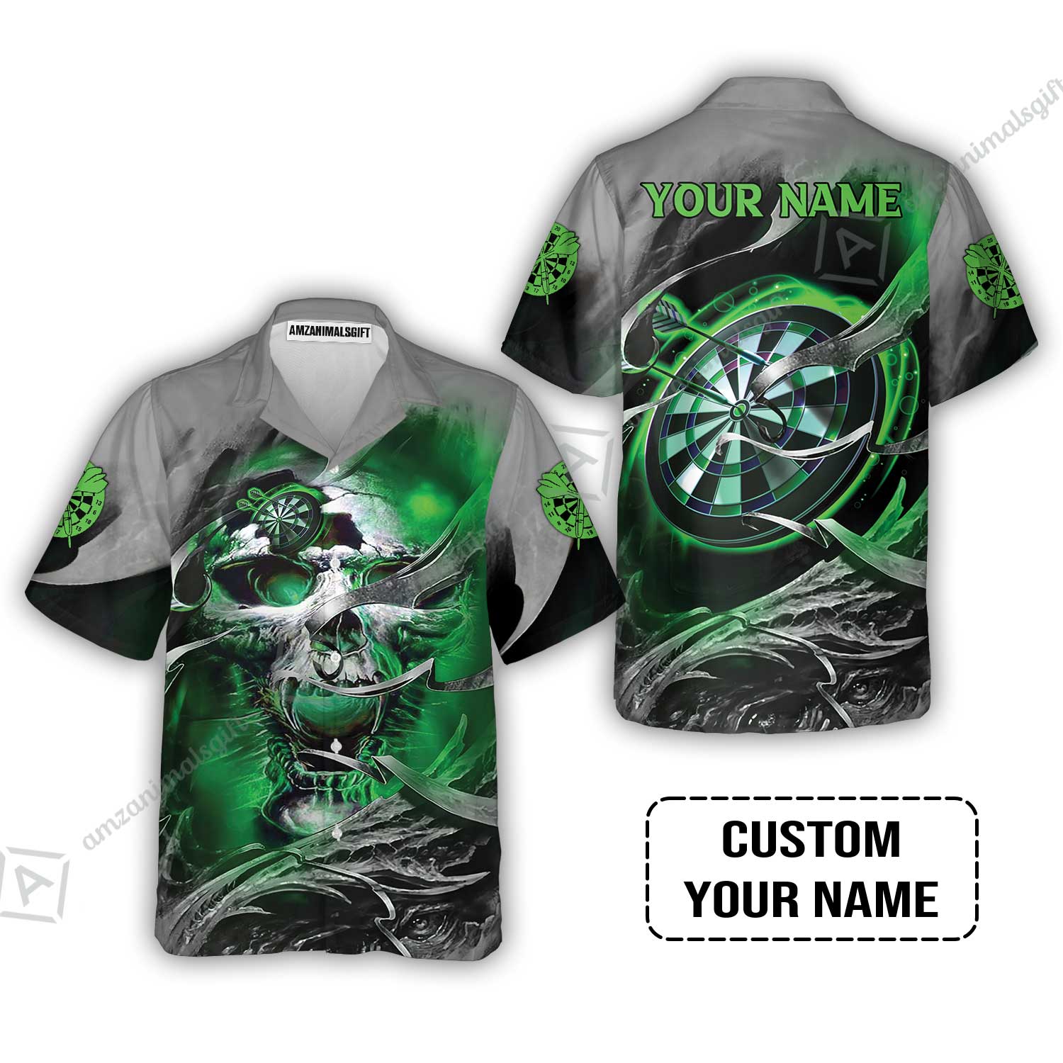 Customized Name Darts Polo Shirt, Green Skull Light Dartboard Personalized Polo Shirt - Image 7