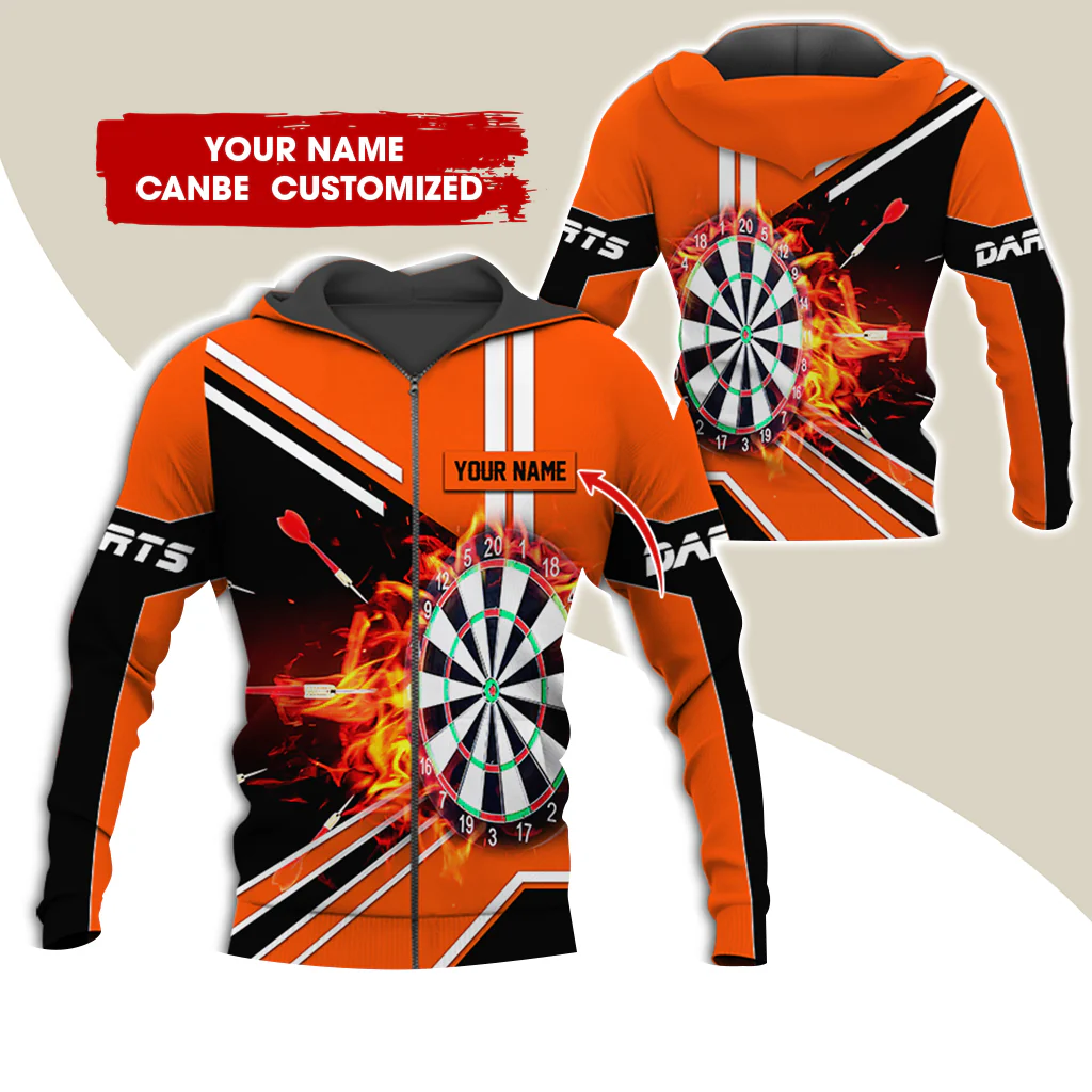 Customized Name Darts Premium Zip Hoodie, Personalized Dartboard In Flame Zip Hoodie For Men & Women - Gift For Darts Lovers, Darts Players - Image 2