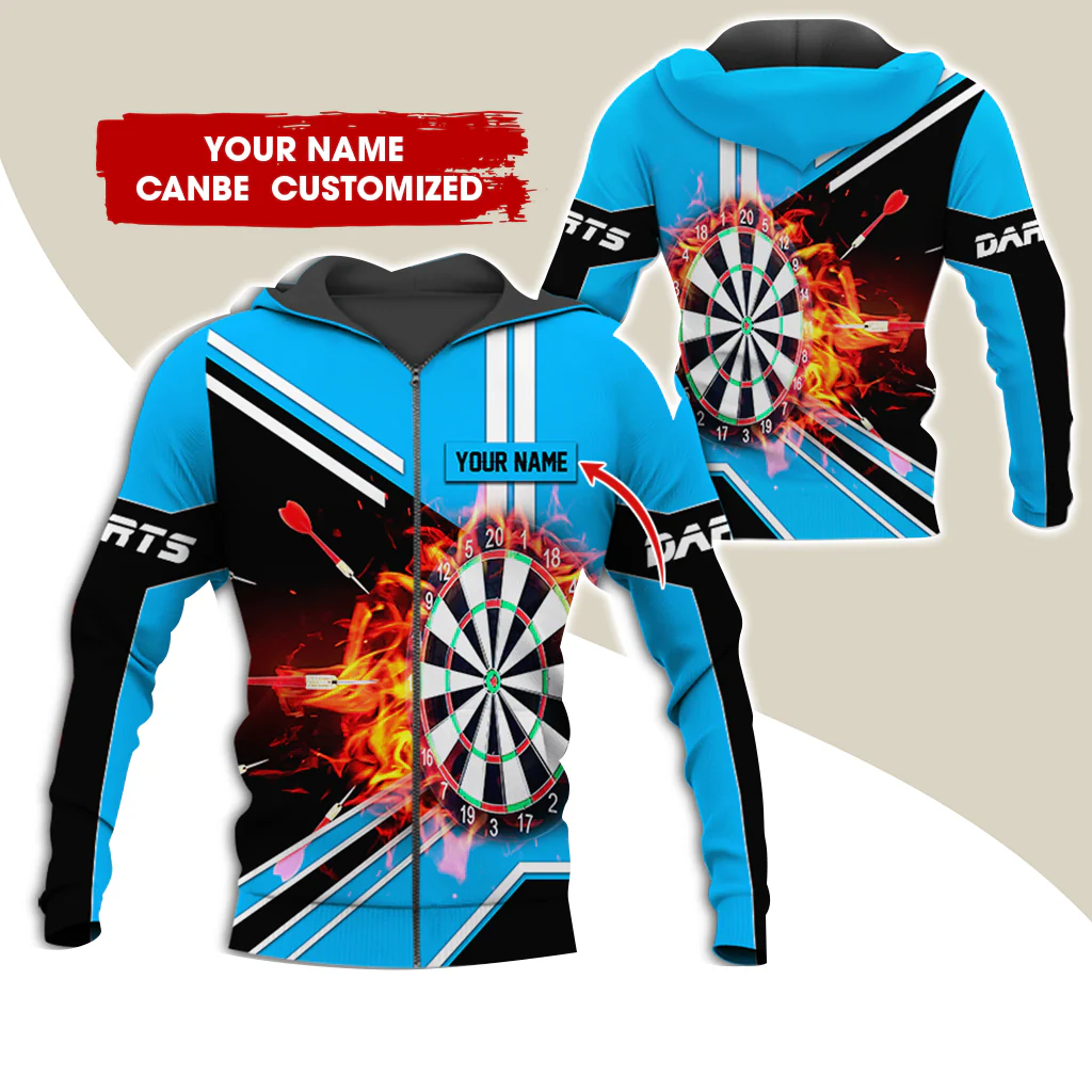 Customized Name Darts Premium Zip Hoodie, Personalized Dartboard In Flame Zip Hoodie For Men & Women - Gift For Darts Lovers, Darts Players - Image 3