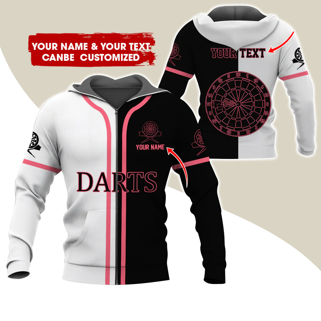 Customized Name Darts Premium Zip Hoodie, Personalized White & Black Pattern Darts Zip Hoodie For Men & Women - Gift For Darts Lovers, Darts Players - Image 10