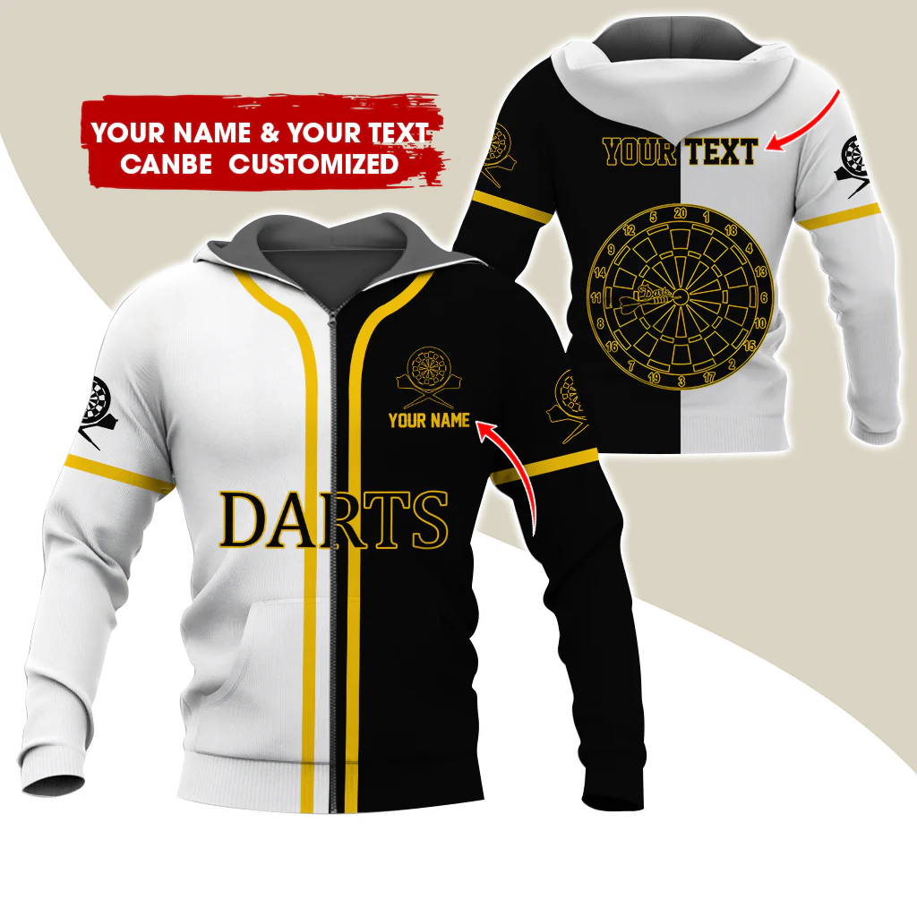 Customized Name Darts Premium Zip Hoodie, Personalized White & Black Pattern Darts Zip Hoodie For Men & Women - Gift For Darts Lovers, Darts Players - Image 2