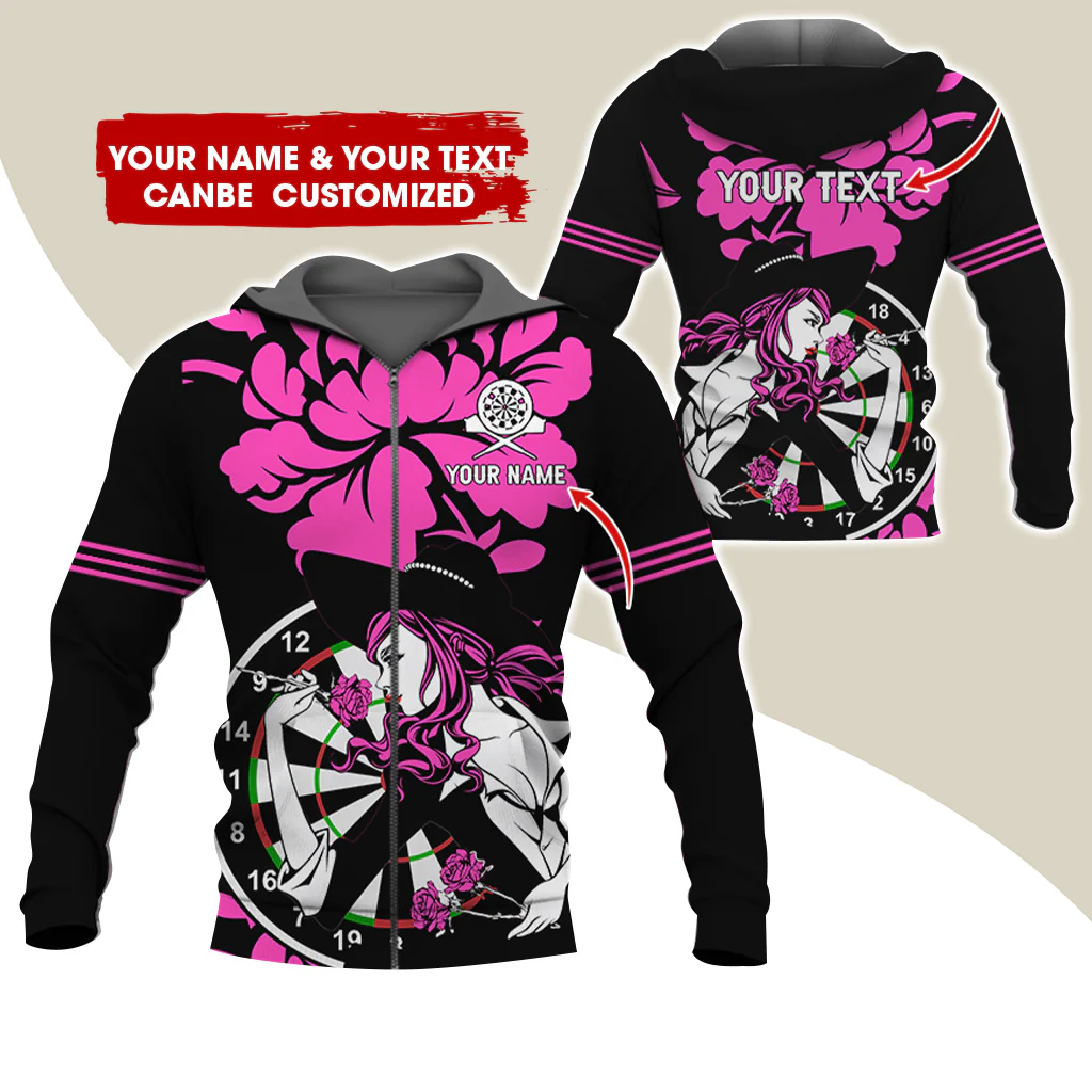 Customized Name Darts Rose Girl Premium Zip Hoodie, Custom Name & Text Dartboard Zip Hoodie For Men & Women - Gift For Darts Lovers, Darts Players - Image 2