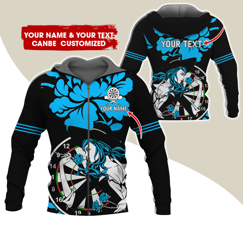 Customized Name Darts Rose Girl Premium Zip Hoodie, Custom Name & Text Dartboard Zip Hoodie For Men & Women - Gift For Darts Lovers, Darts Players - Image 4