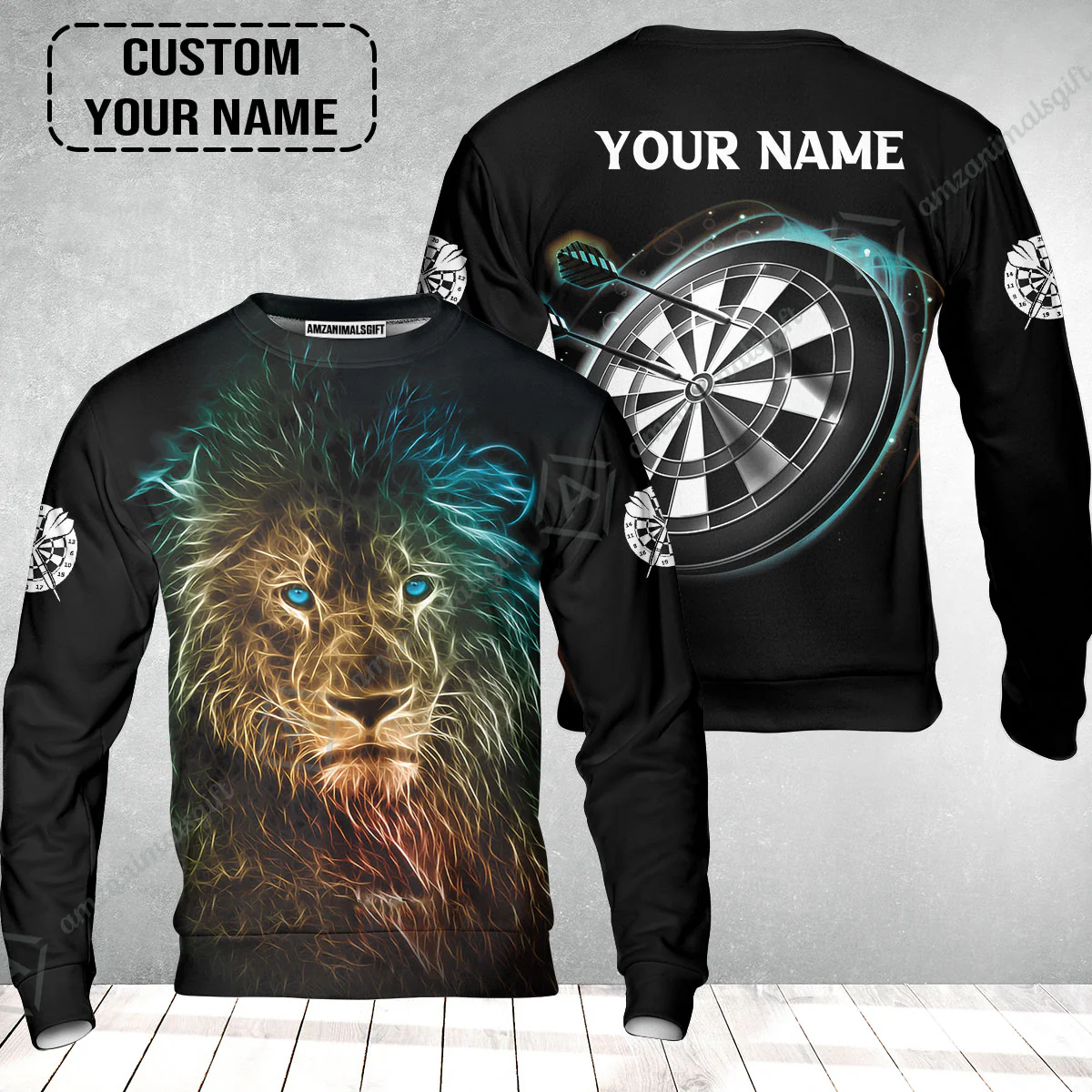 Customized Name Darts Sweatshirt, Blue Bullseye Dartboard Personalized Lion And Darts Sweatshirt - Image 2
