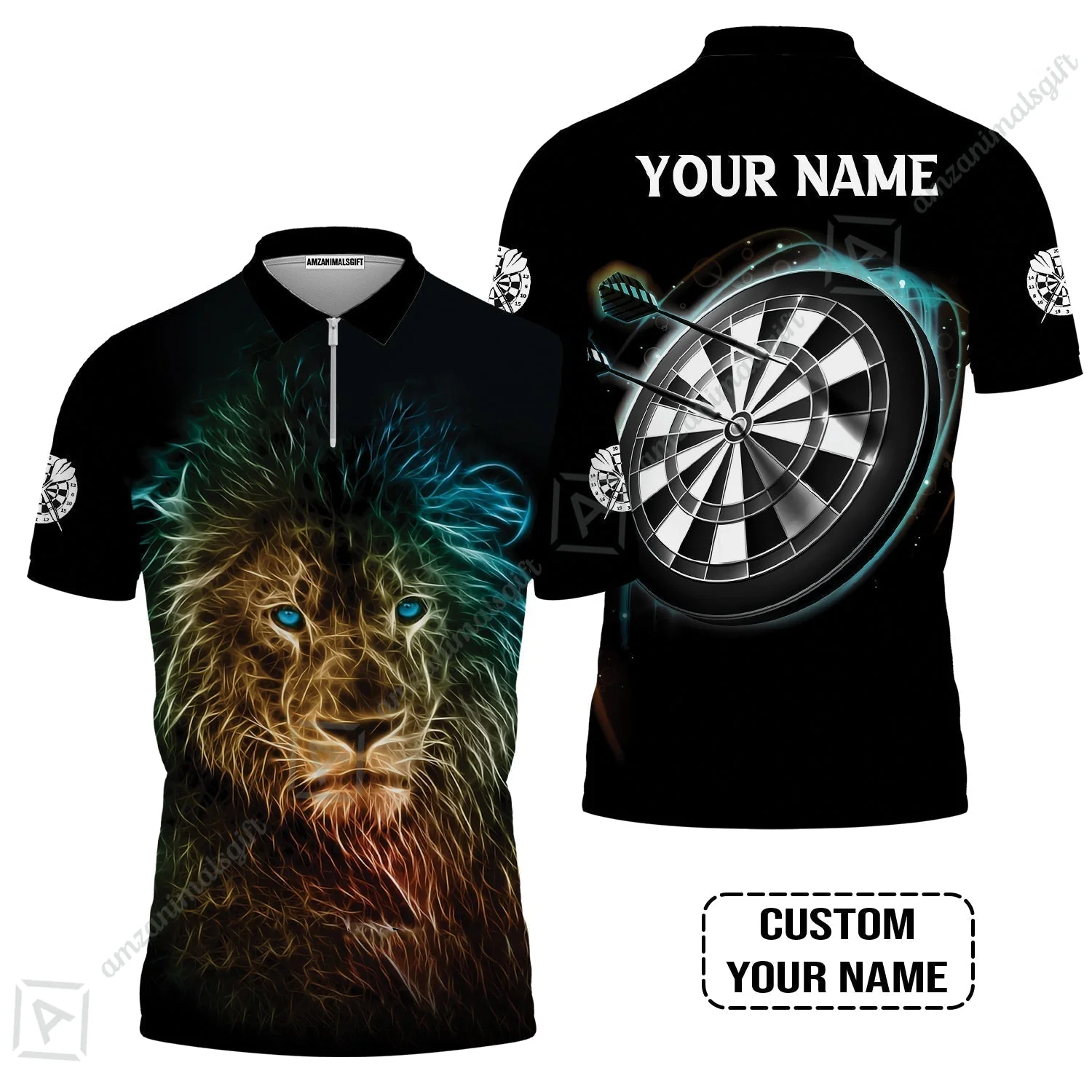 Customized Name Darts Sweatshirt, Blue Bullseye Dartboard Personalized Lion And Darts Sweatshirt - Image 4