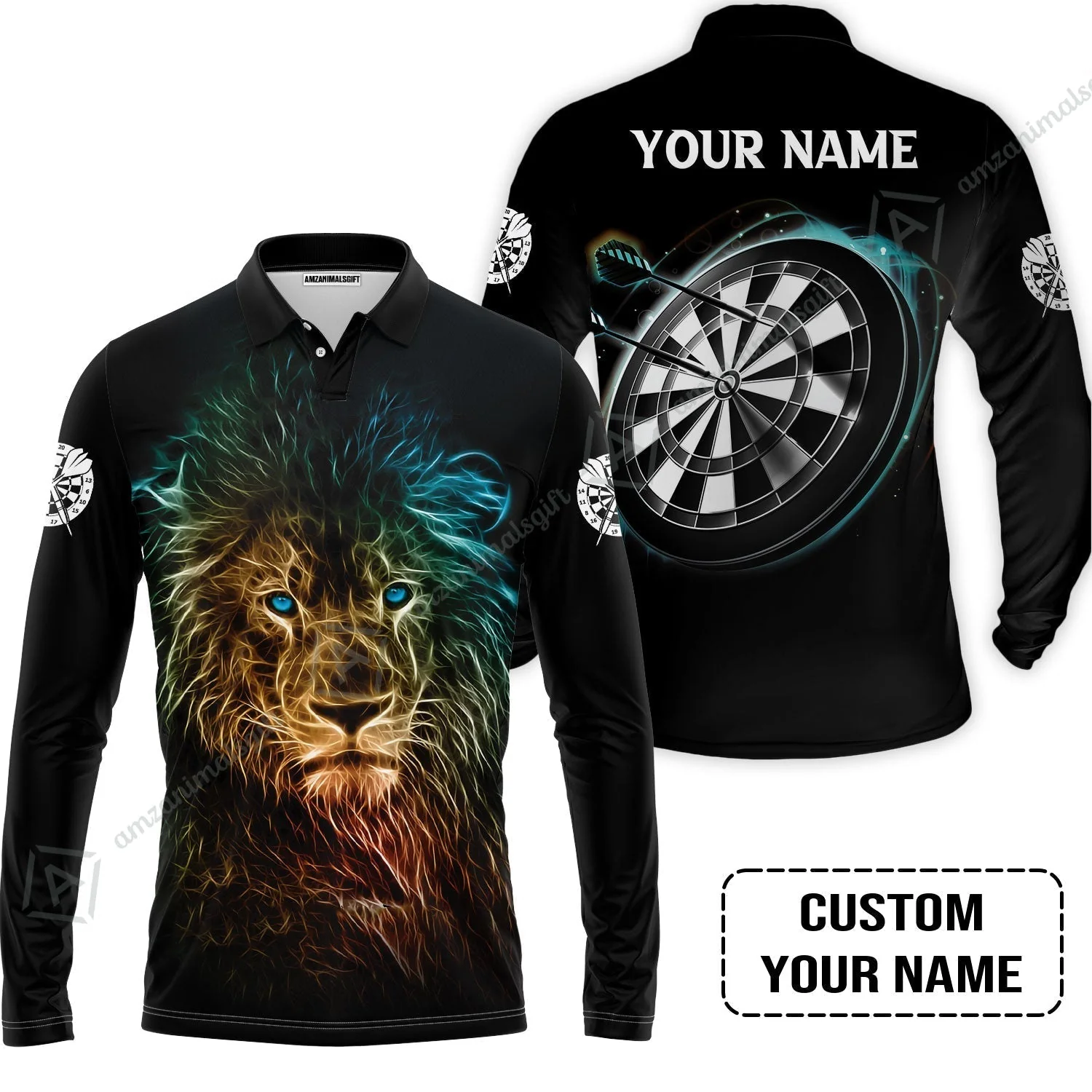 Customized Name Darts Sweatshirt, Blue Bullseye Dartboard Personalized Lion And Darts Sweatshirt - Image 5