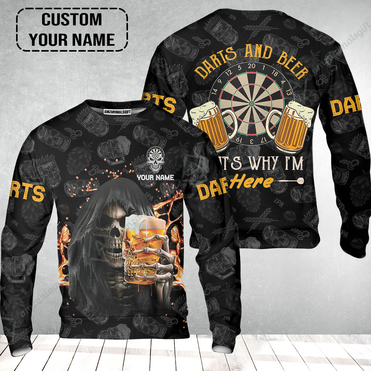 Customized Name Darts Sweatshirt, Darts And Beer That's Why I'm Here Personalized Skull And Darts Sweatshirt - Image 2