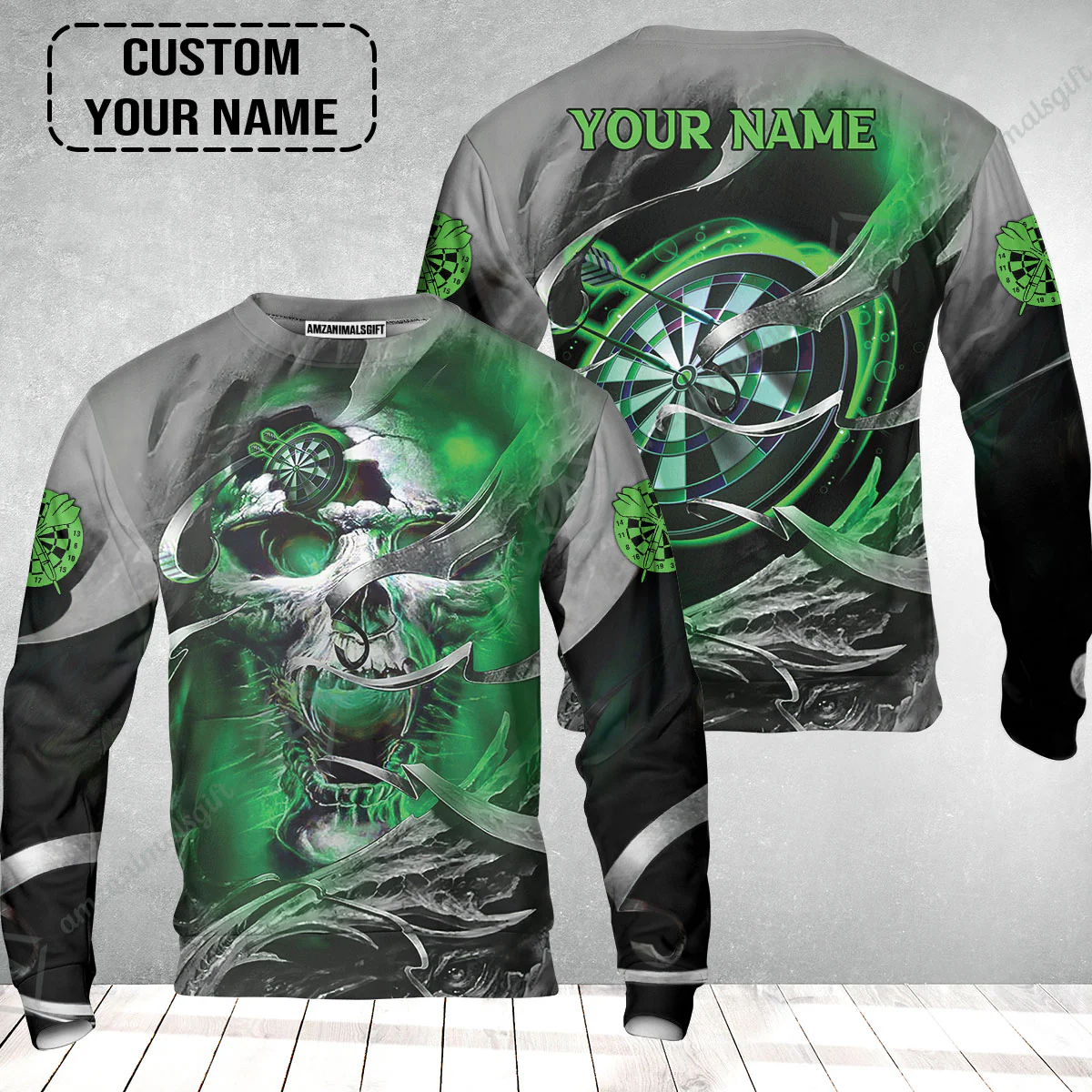 Customized Name Darts Sweatshirt, Green Skull Light Dartboard Personalized Sweatshirt - Image 2