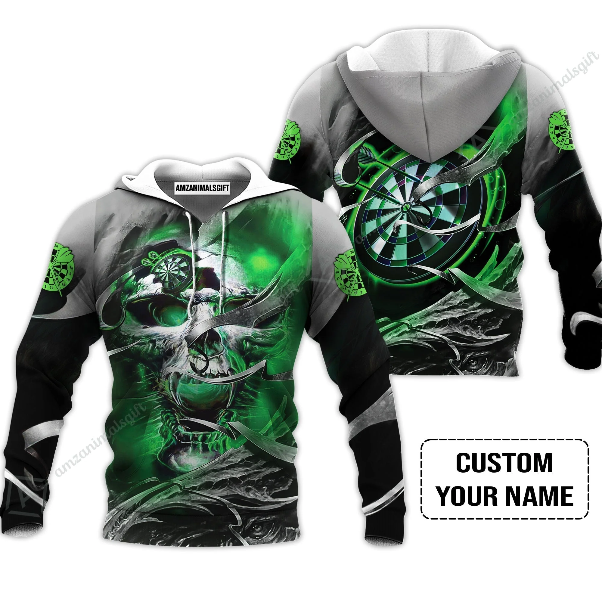Customized Name Darts Sweatshirt, Green Skull Light Dartboard Personalized Sweatshirt - Image 3