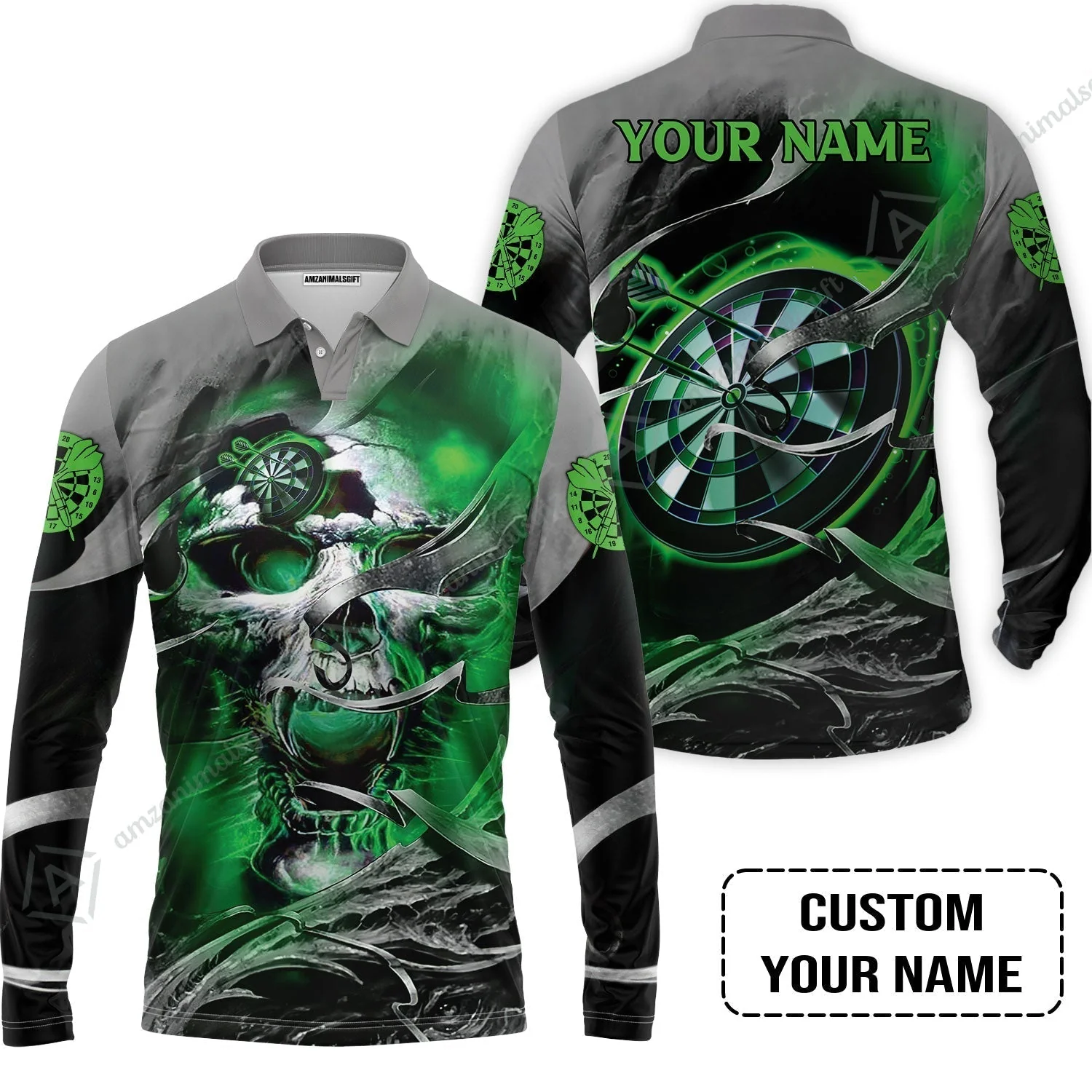 Customized Name Darts Sweatshirt, Green Skull Light Dartboard Personalized Sweatshirt - Image 5