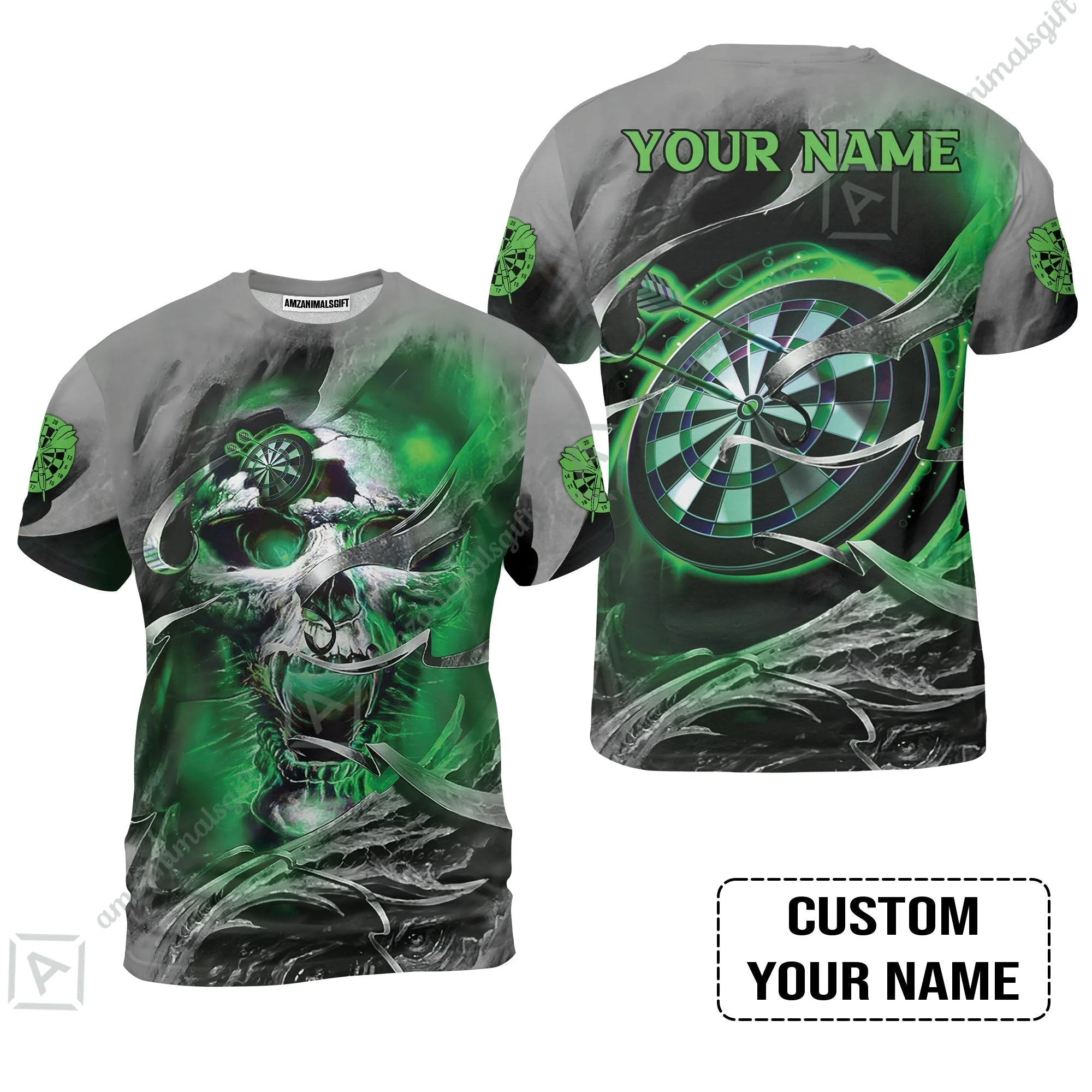 Customized Name Darts Sweatshirt, Green Skull Light Dartboard Personalized Sweatshirt - Image 8