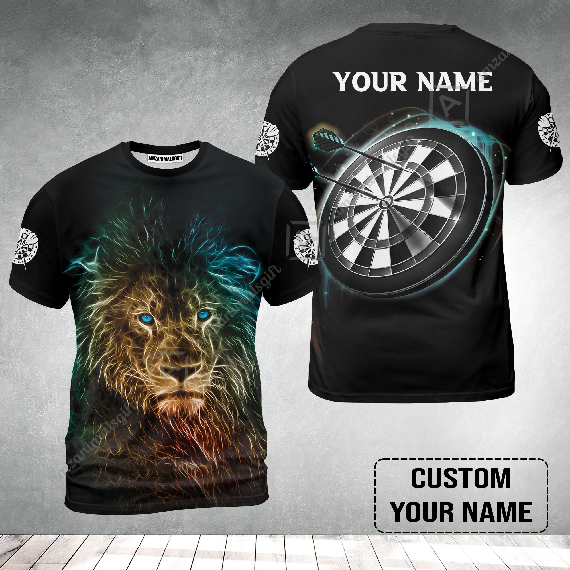 Customized Name Darts T-Shirt, Blue Bullseye Dartboard Personalized Lion And Darts T-Shirt - Image 2