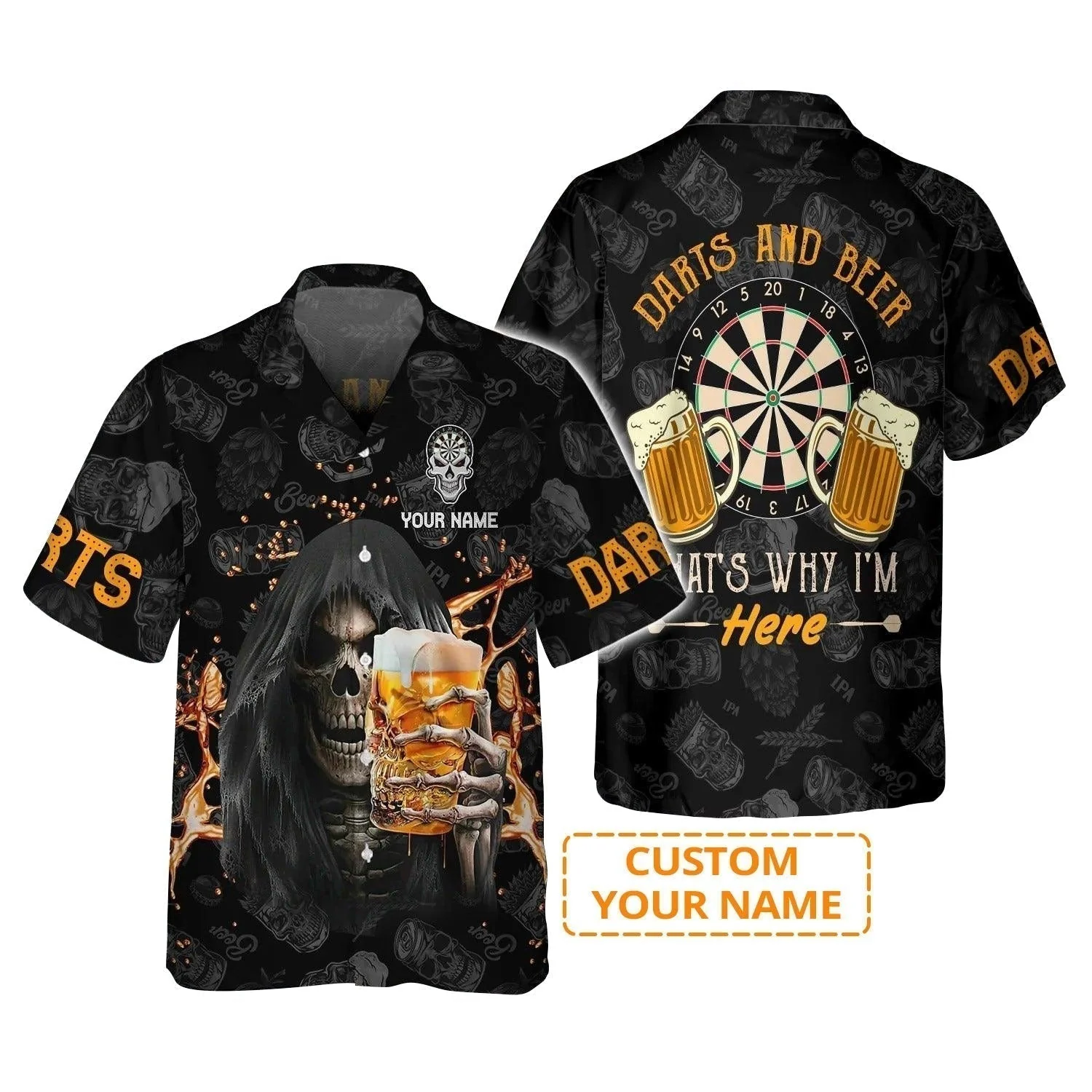 Customized Name Darts T-Shirt, Darts And Beer That's Why I'm Here Personalized Skull And Darts T-Shirt - Image 3