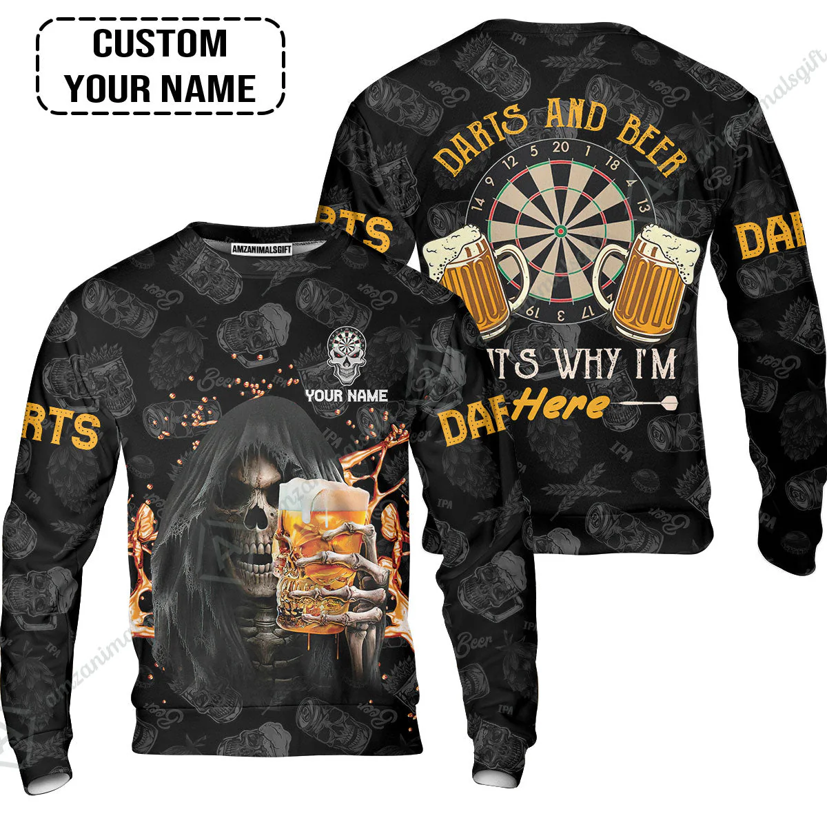 Customized Name Darts T-Shirt, Darts And Beer That's Why I'm Here Personalized Skull And Darts T-Shirt - Image 4