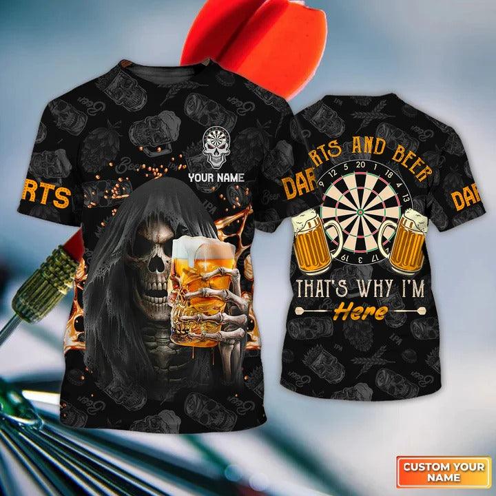 Customized Name Darts T Shirt, Darts And Beer That's Why I'm Here Personalized Skull And Darts T Shirt For Men - Gift For Darts Lovers, Darts Players