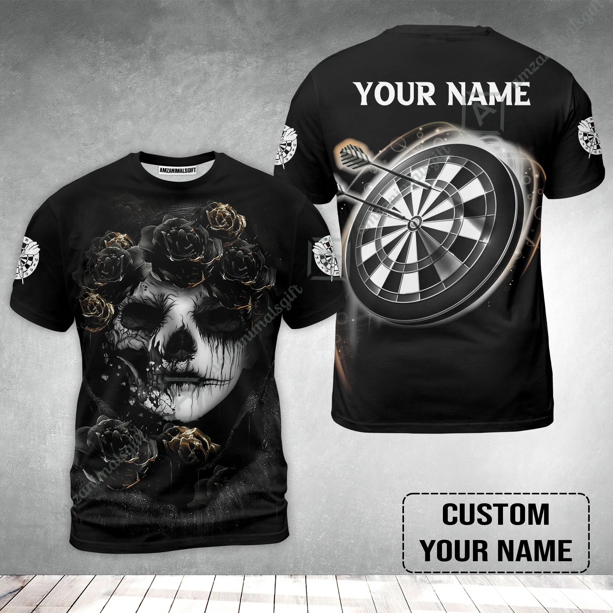 Customized Name Darts T-Shirt, Flower Skull Girl And Dartboard Personalized T-Shirt - Image 2