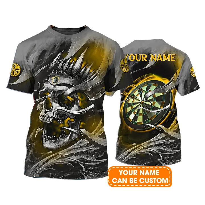 Customized Name Darts T Shirt, Gold Skull Light Dartboard Personalized T Shirt For Men - Gift For Darts Lovers, Darts Player - Image 2