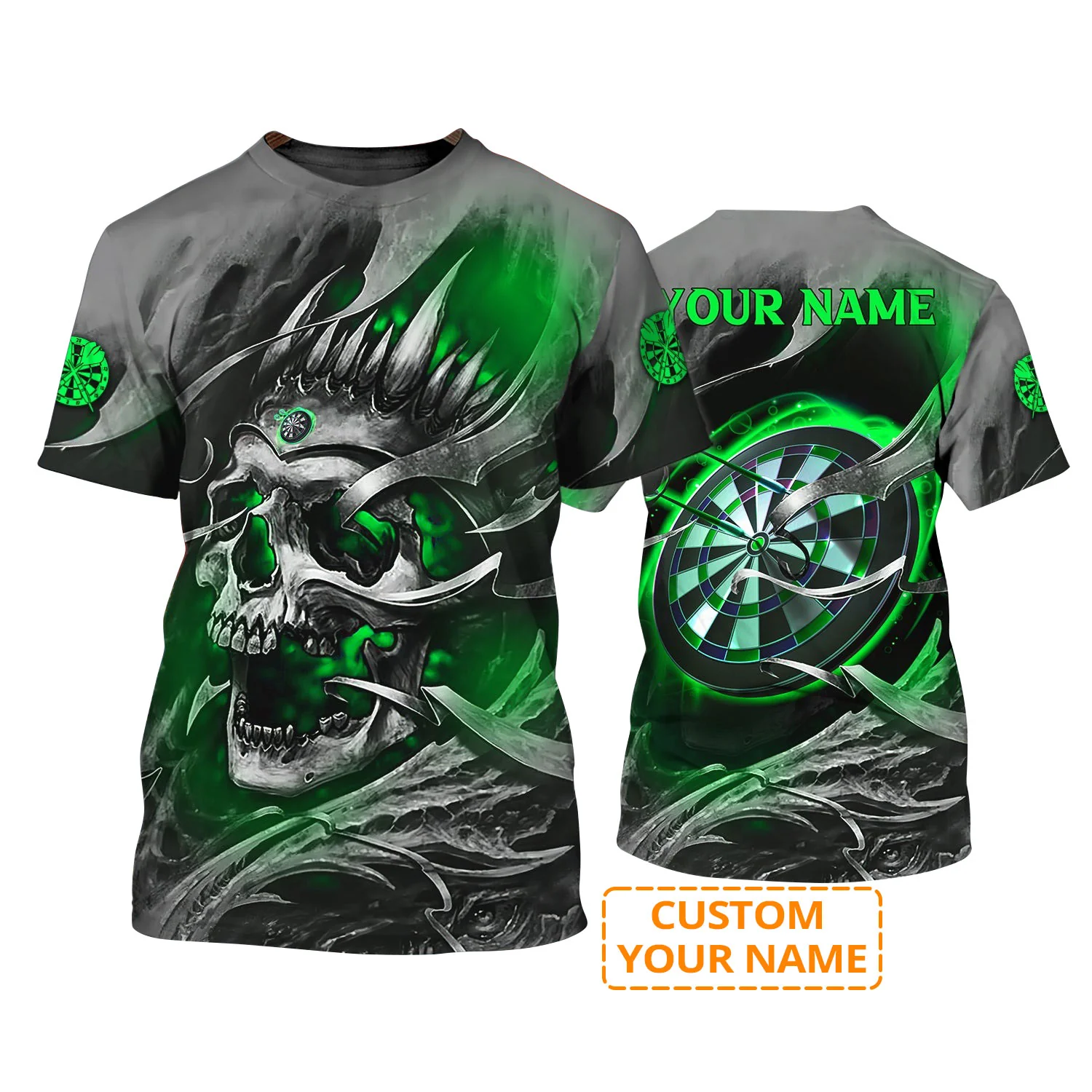 Customized Name Darts T Shirt, Green Skull Dartboard Personalized Name Darts T Shirt For Men - Gift For Darts Lovers, Darts Team Players - Image 2