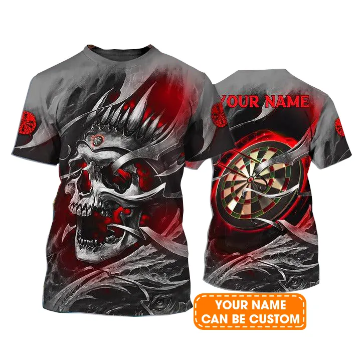 Customized Name Darts T Shirt, Red Skull Dartboard Personalized Name Skull And Darts T Shirt For Men - Gift For Darts Lovers, Darts Team Players - Image 2