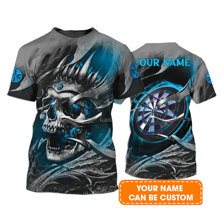 Customized Name Darts T Shirt, Teal Skull Dartboard Personalized Name Darts T Shirt For Men - Gift For Darts Lovers, Darts Team Players - Image 2
