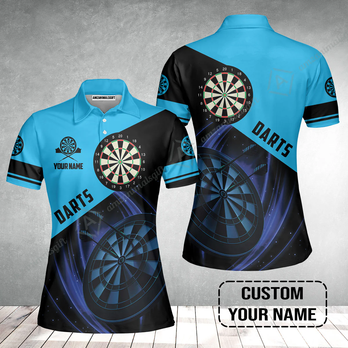 Customized Name Darts Women Polo Shirt, Dartboard Personalized Name Blue Darts Team Women Polo Shirt - Image 2