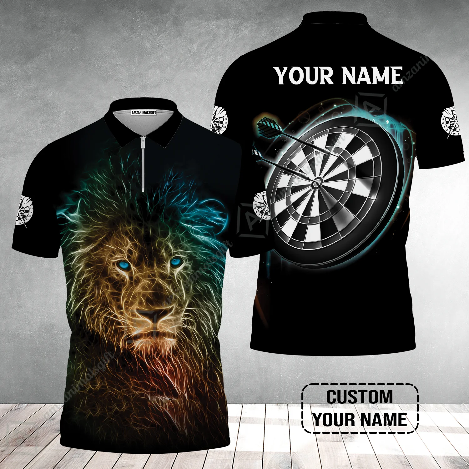 Customized Name Darts Zip Polo Shirt, Blue Bullseye Dartboard Personalized Lion And Darts Zip Polo Shirt - Image 3
