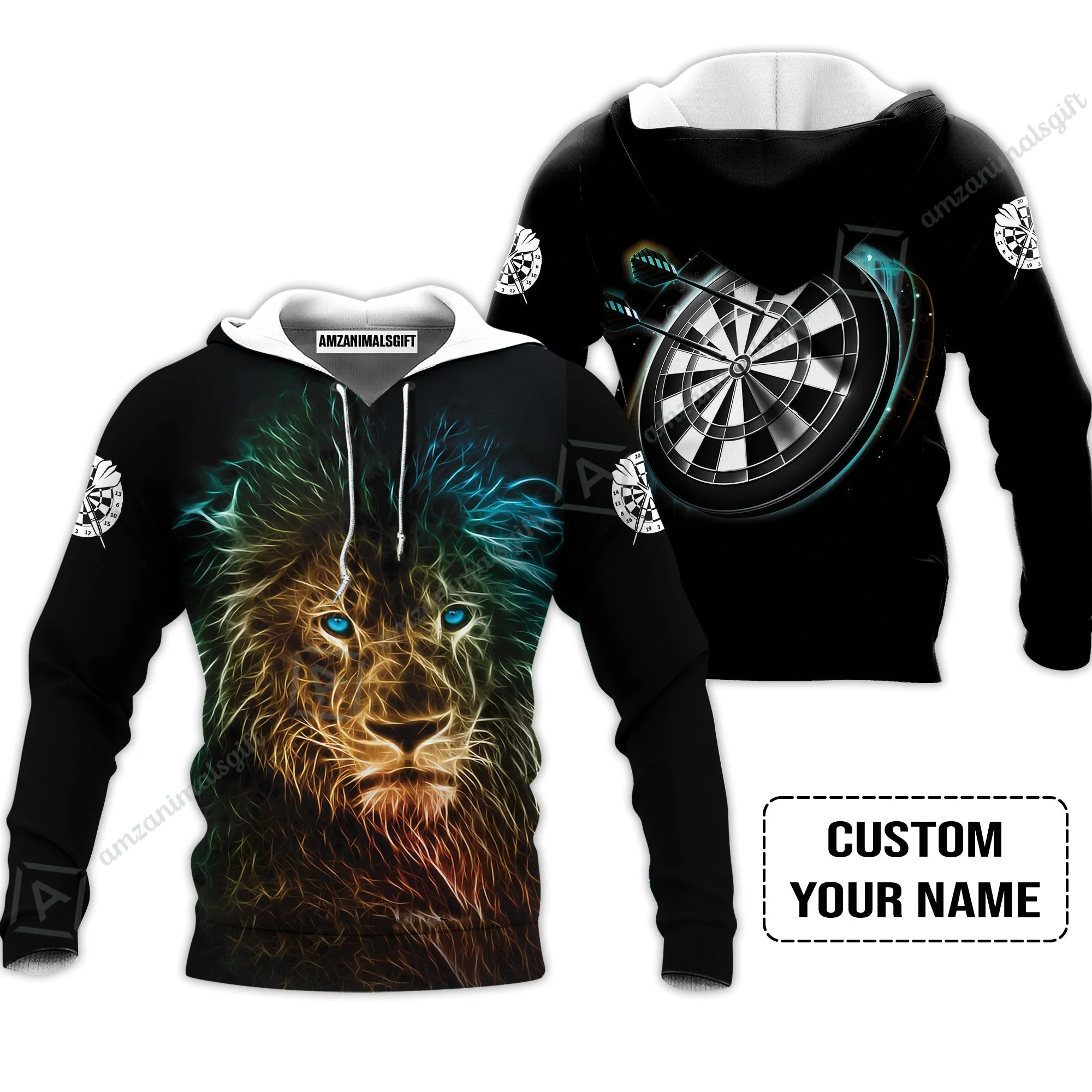 Customized Name Darts Zip Polo Shirt, Blue Bullseye Dartboard Personalized Lion And Darts Zip Polo Shirt - Image 5