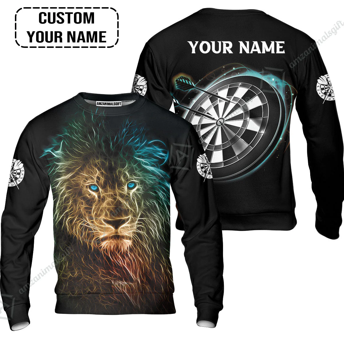 Customized Name Darts Zip Polo Shirt, Blue Bullseye Dartboard Personalized Lion And Darts Zip Polo Shirt - Image 6