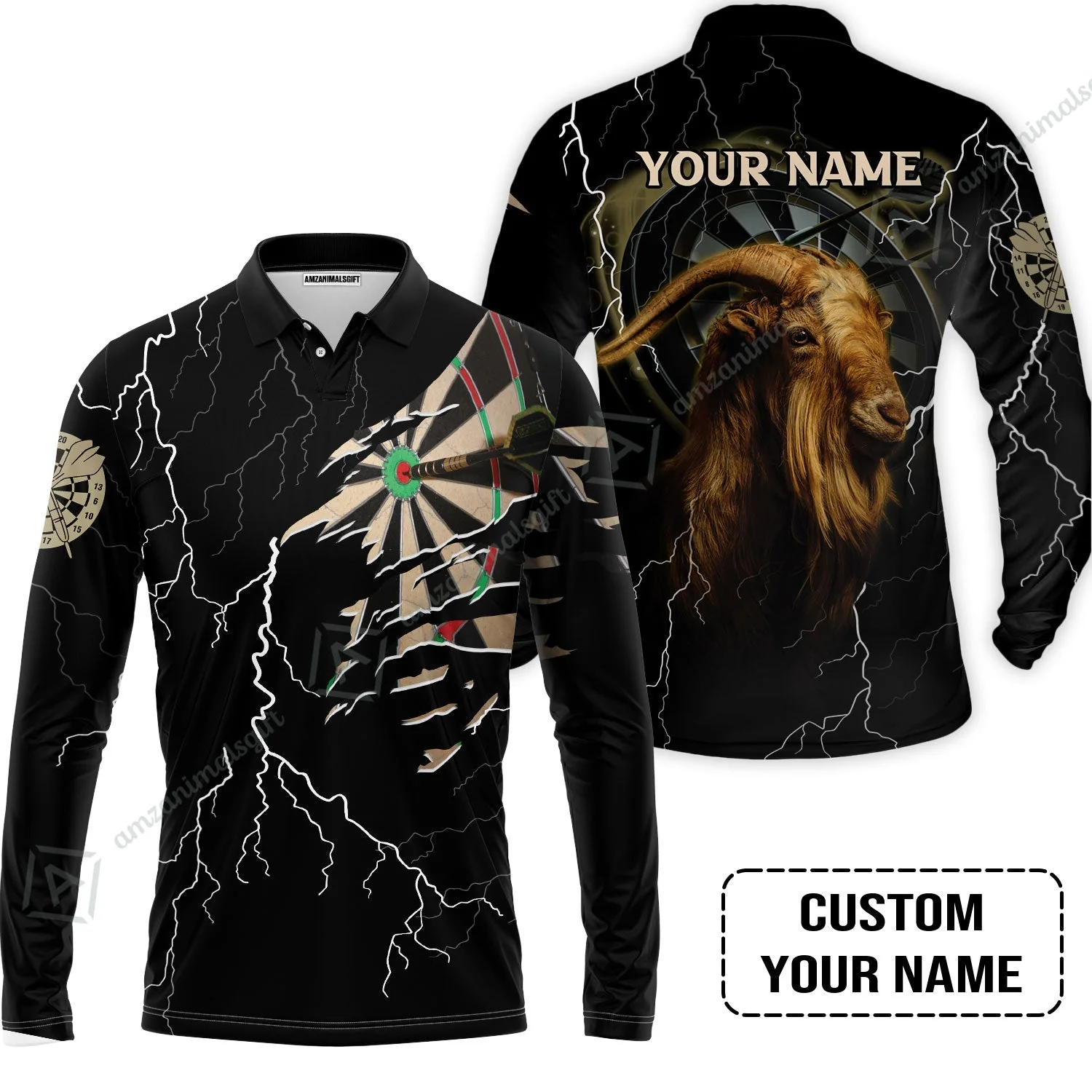Customized Name Darts Zip Polo Shirt, Bullseye Dartboard Personalized Goat And Darts Zip Polo Shirt - Image 3