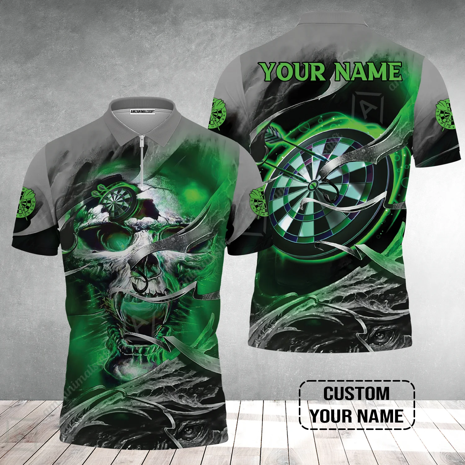 Customized Name Darts Zip Polo Shirt, Green Skull Light Dartboard Personalized Zip Polo Shirt - Image 2