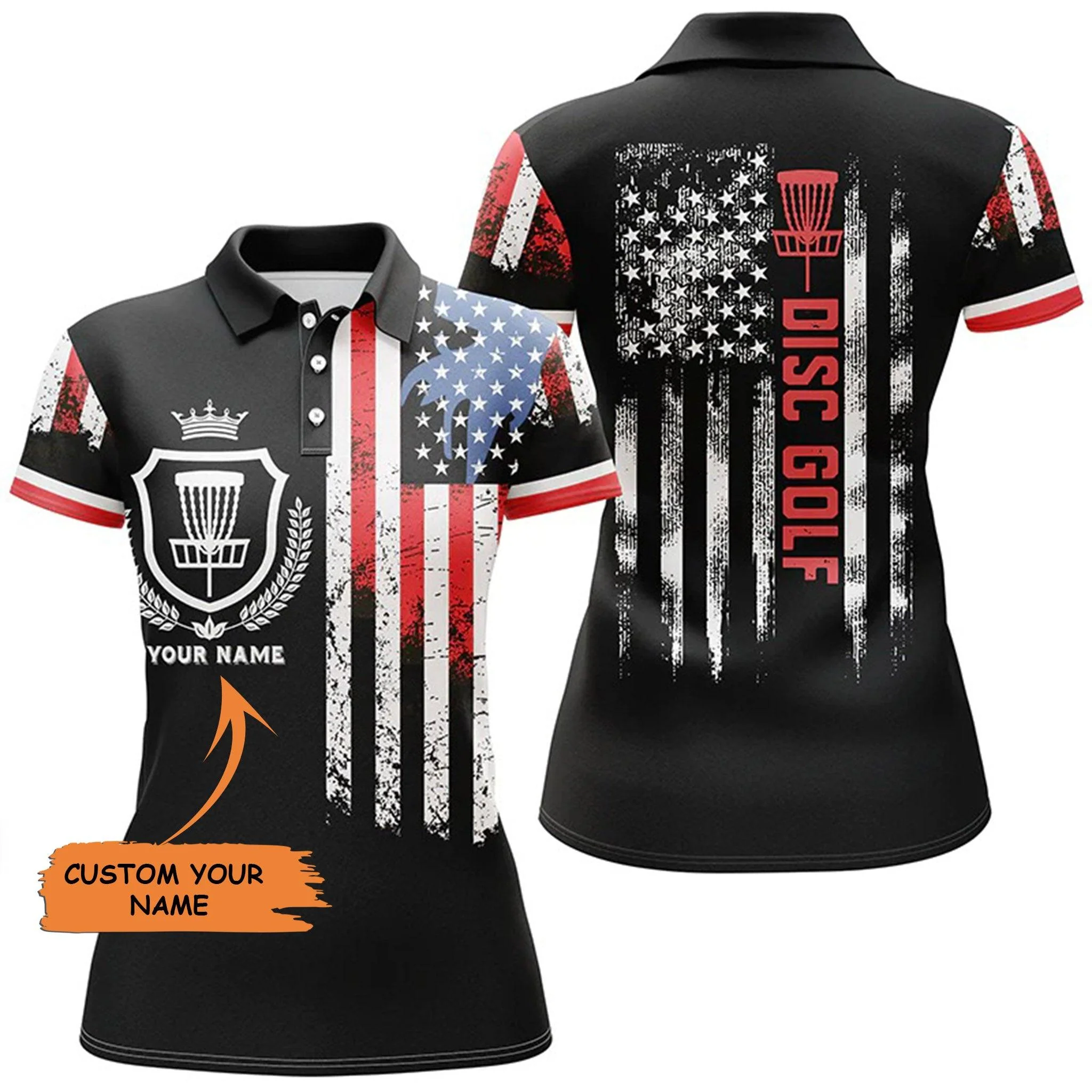 Customized Name Disc Golf Women Polo Shirt, Disc Golf Basket American Flag Patriotic Women Polo Shirts - Perfect Gift For Ladies, Disc Golf Lovers