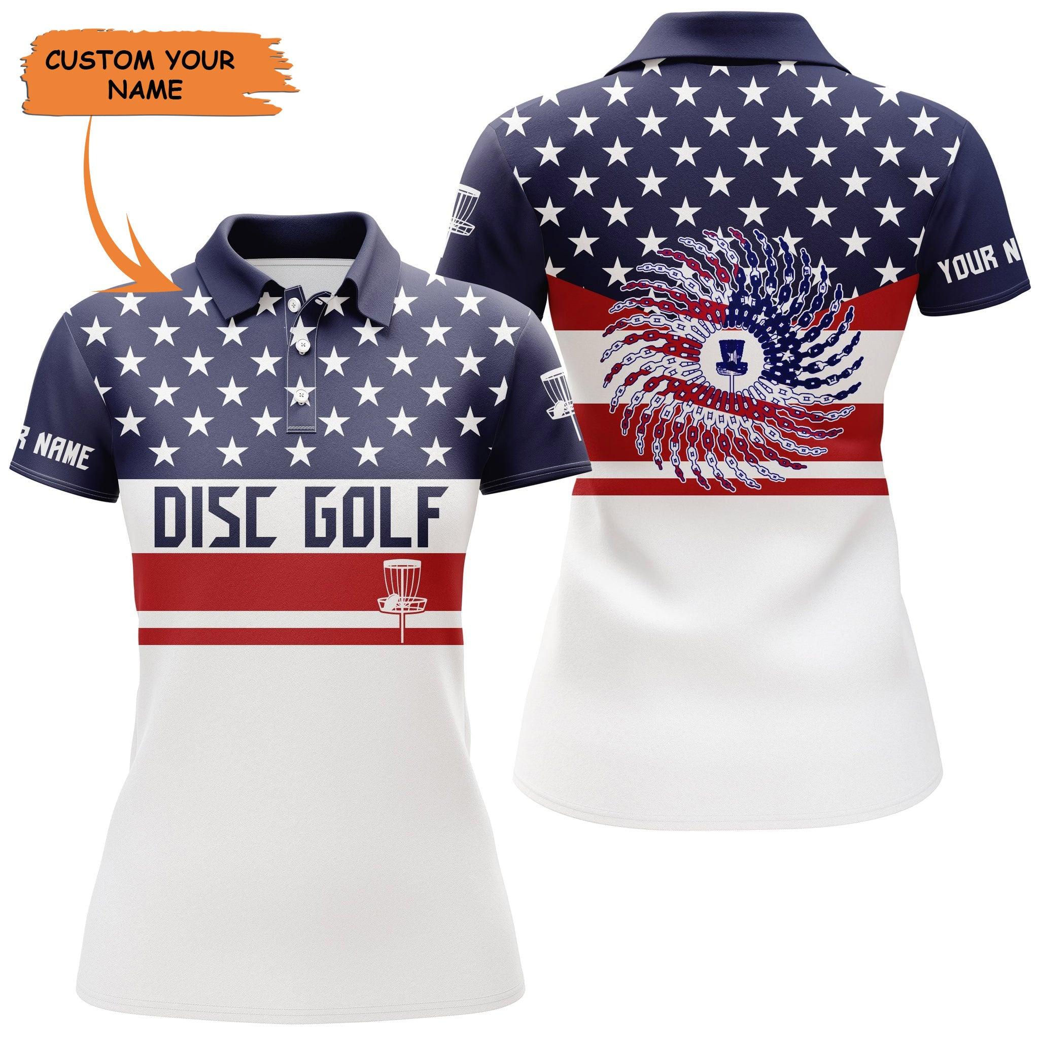 Customized Name Disc Golf Women Polo Shirts, American Flag Patriot, Personalized Polo Shirt For Ladies - Perfect Polo Shirt For Disc Golf Lovers