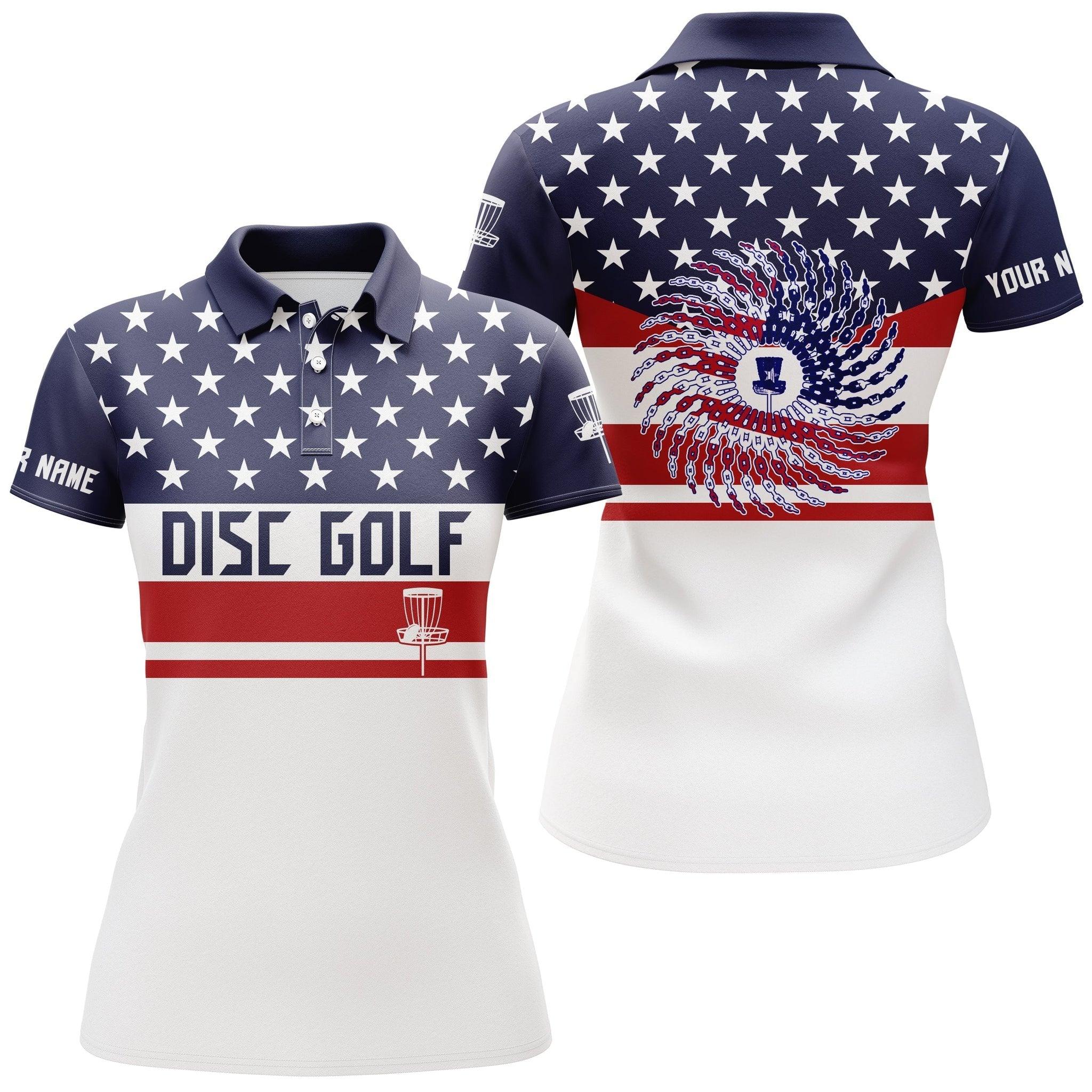 Customized Name Disc Golf Women Polo Shirts, American Flag Patriot, Personalized Polo Shirt For Ladies - Perfect Polo Shirt For Disc Golf Lovers - Image 2