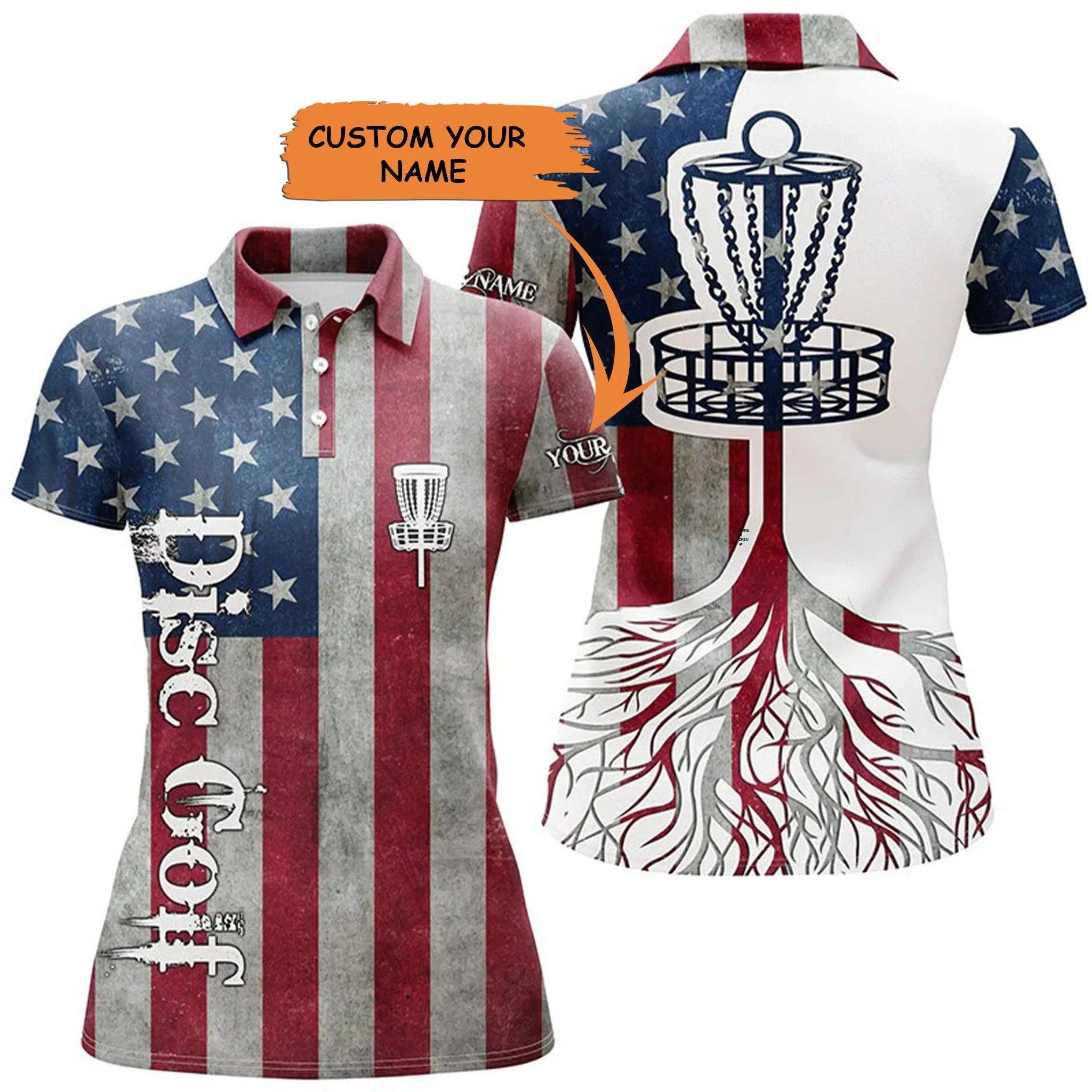 Customized Name Disc Golf Women Polo Shirts, Personalized American Flag Patriotic Disc Golf Basket For Ladies - Perfect Gift For Disc Golf Lovers