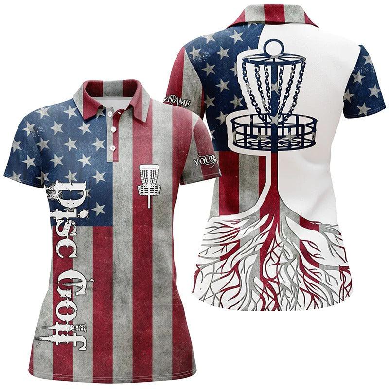 Customized Name Disc Golf Women Polo Shirts, Personalized American Flag Patriotic Disc Golf Basket For Ladies - Perfect Gift For Disc Golf Lovers - Image 2